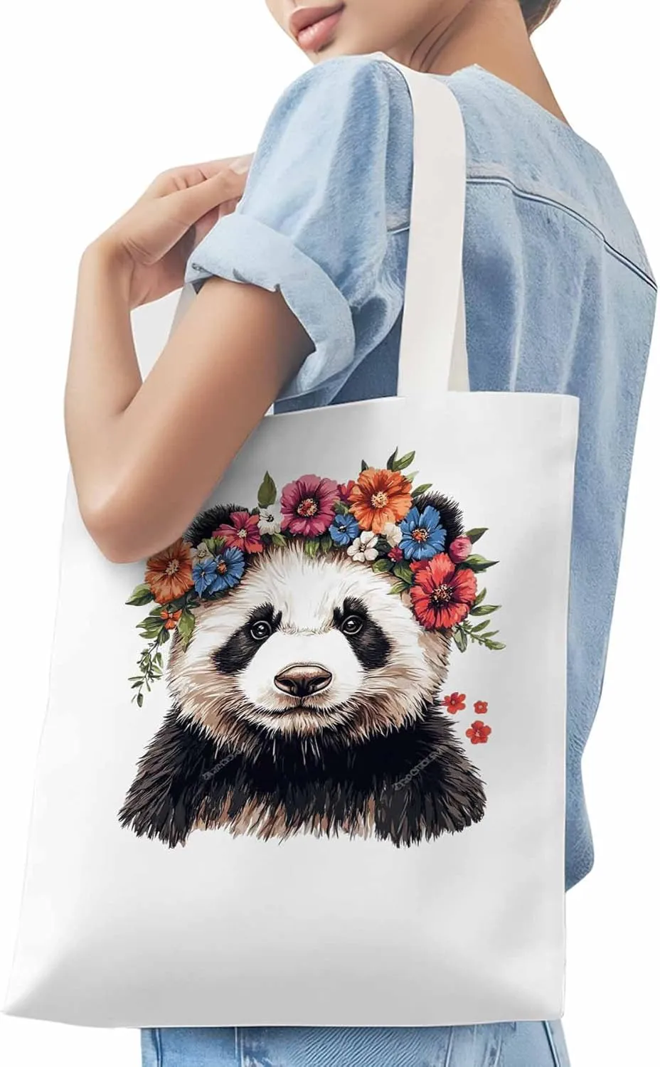 Canvas Tote Bag, Colorful Panda Naturalist Flower patterned Canvas Tote Handbags for Women Shoulder Bag,