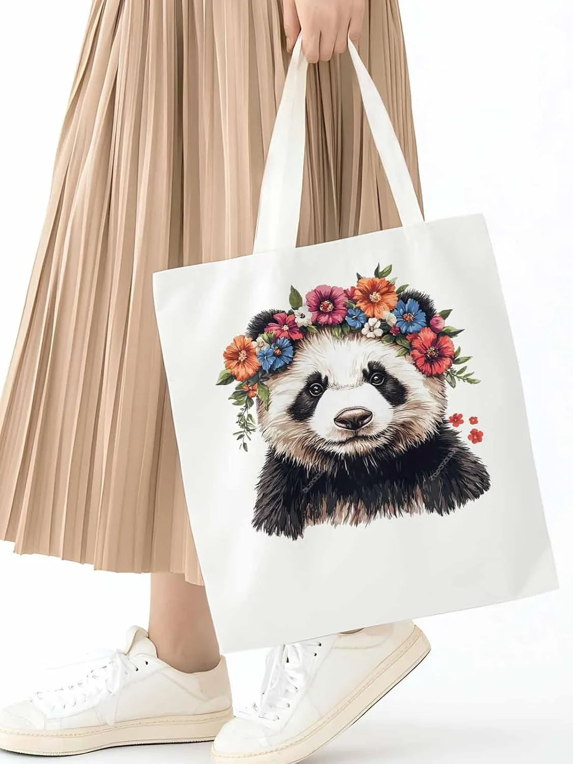 Canvas Tote Bag, Colorful Panda Naturalist Flower patterned Canvas Tote Handbags for Women Shoulder Bag,