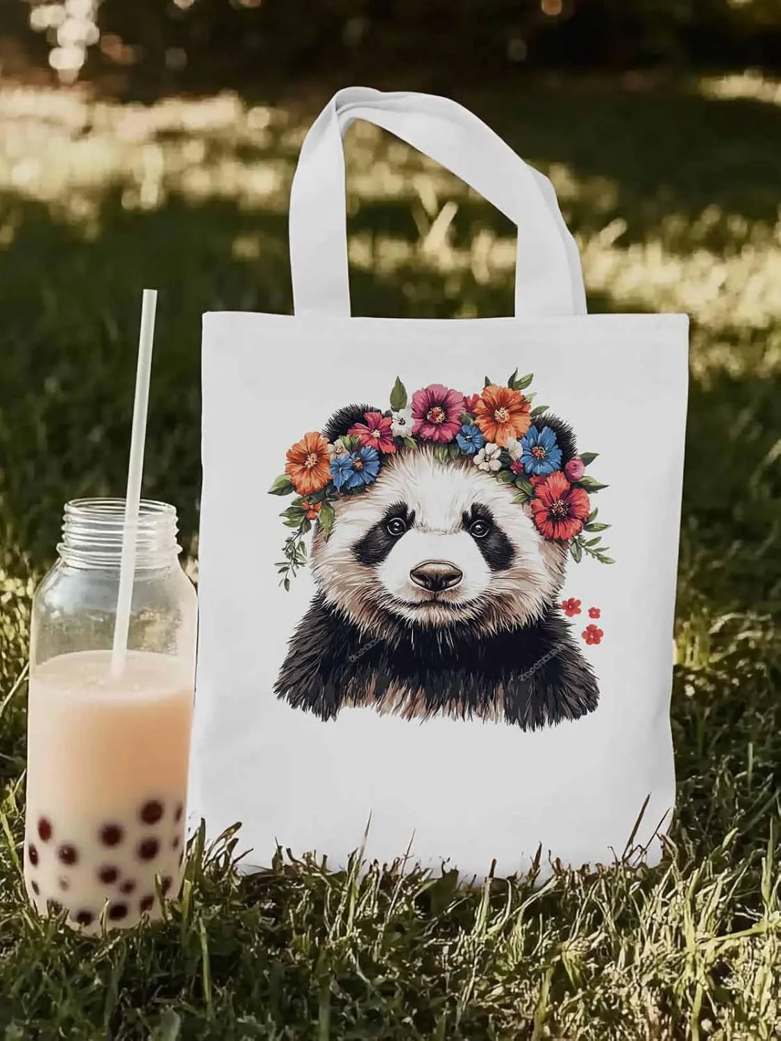 Canvas Tote Bag, Colorful Panda Naturalist Flower patterned Canvas Tote Handbags for Women Shoulder Bag,