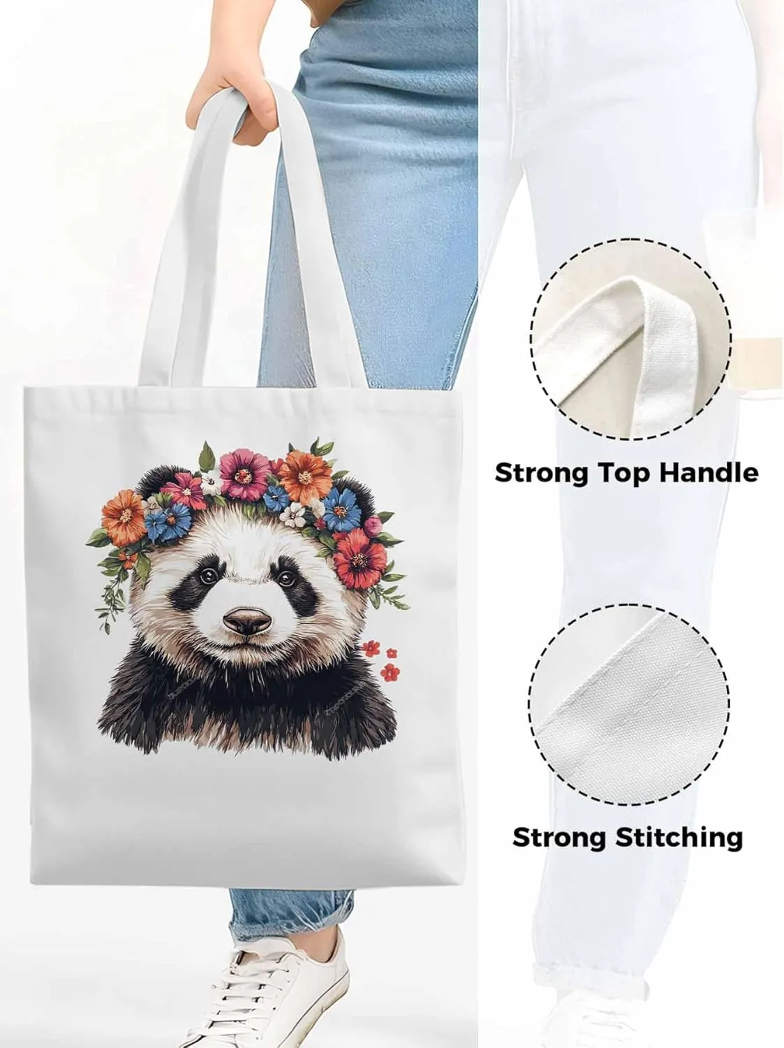 Canvas Tote Bag, Colorful Panda Naturalist Flower patterned Canvas Tote Handbags for Women Shoulder Bag,