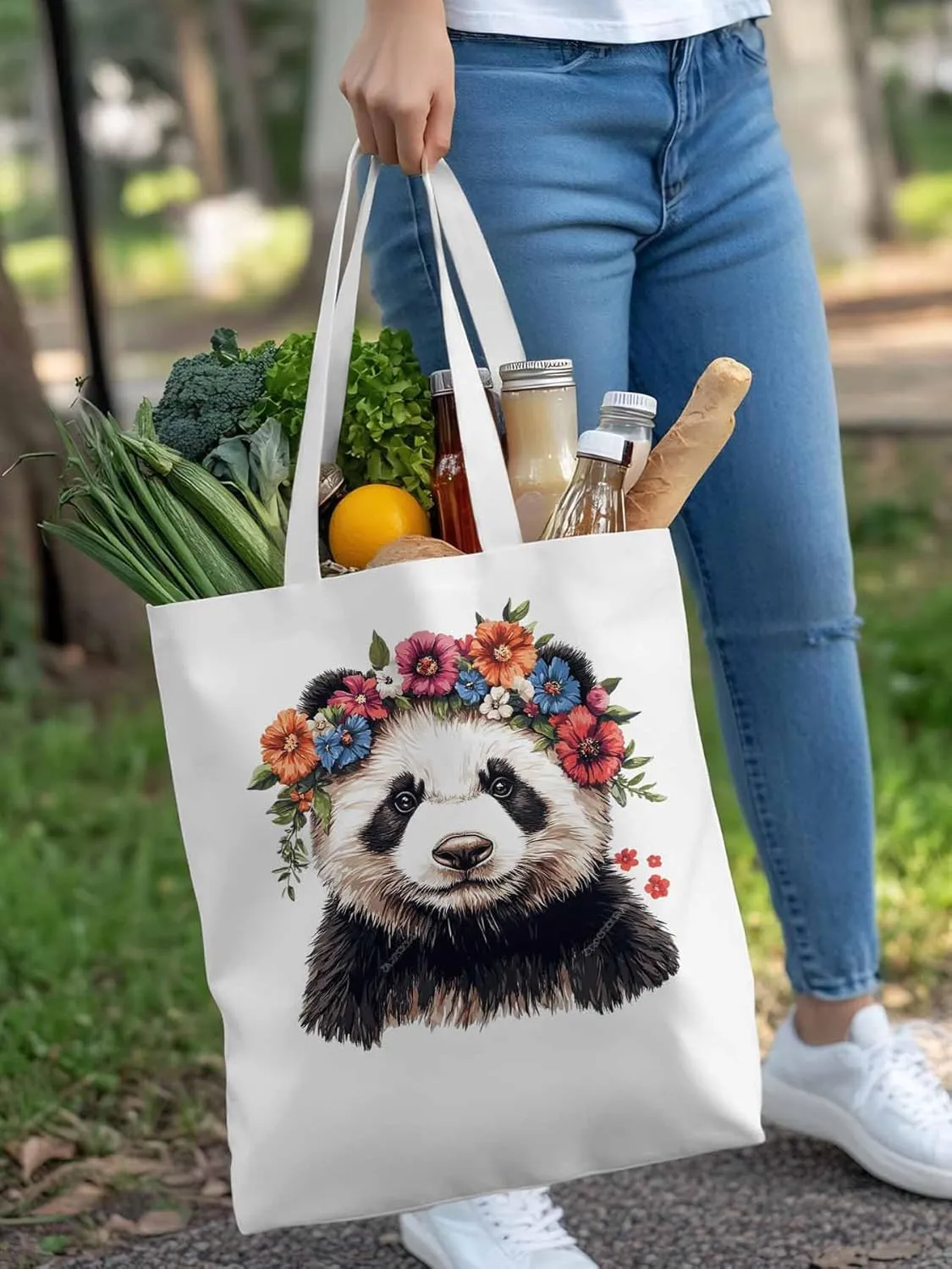 Canvas Tote Bag, Colorful Panda Naturalist Flower patterned Canvas Tote Handbags for Women Shoulder Bag,