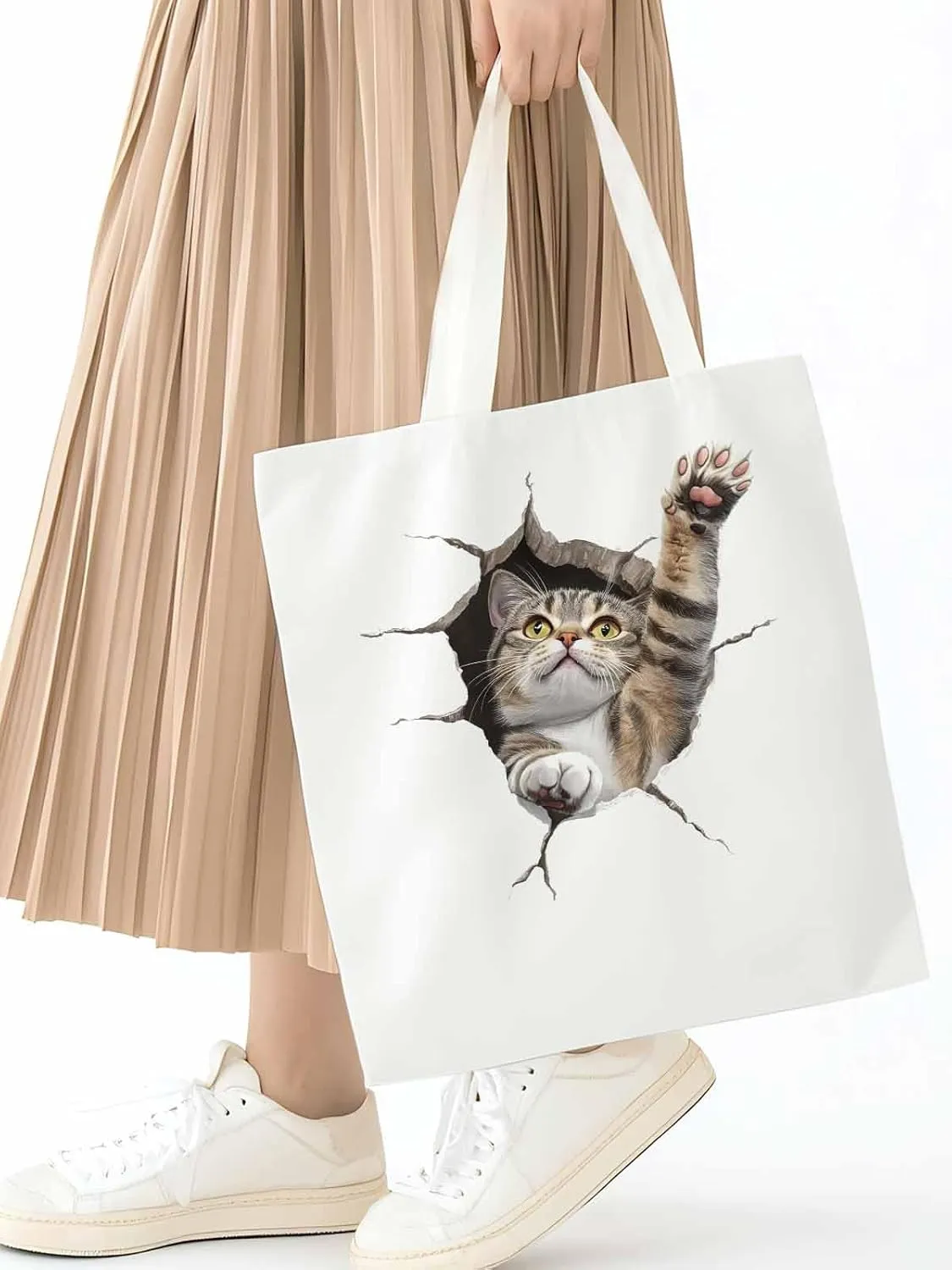 Canvas Tote Bag, Crack Cat Funny Aesthetic Canvas Tote Handbags for Women Shoulder Bag,
