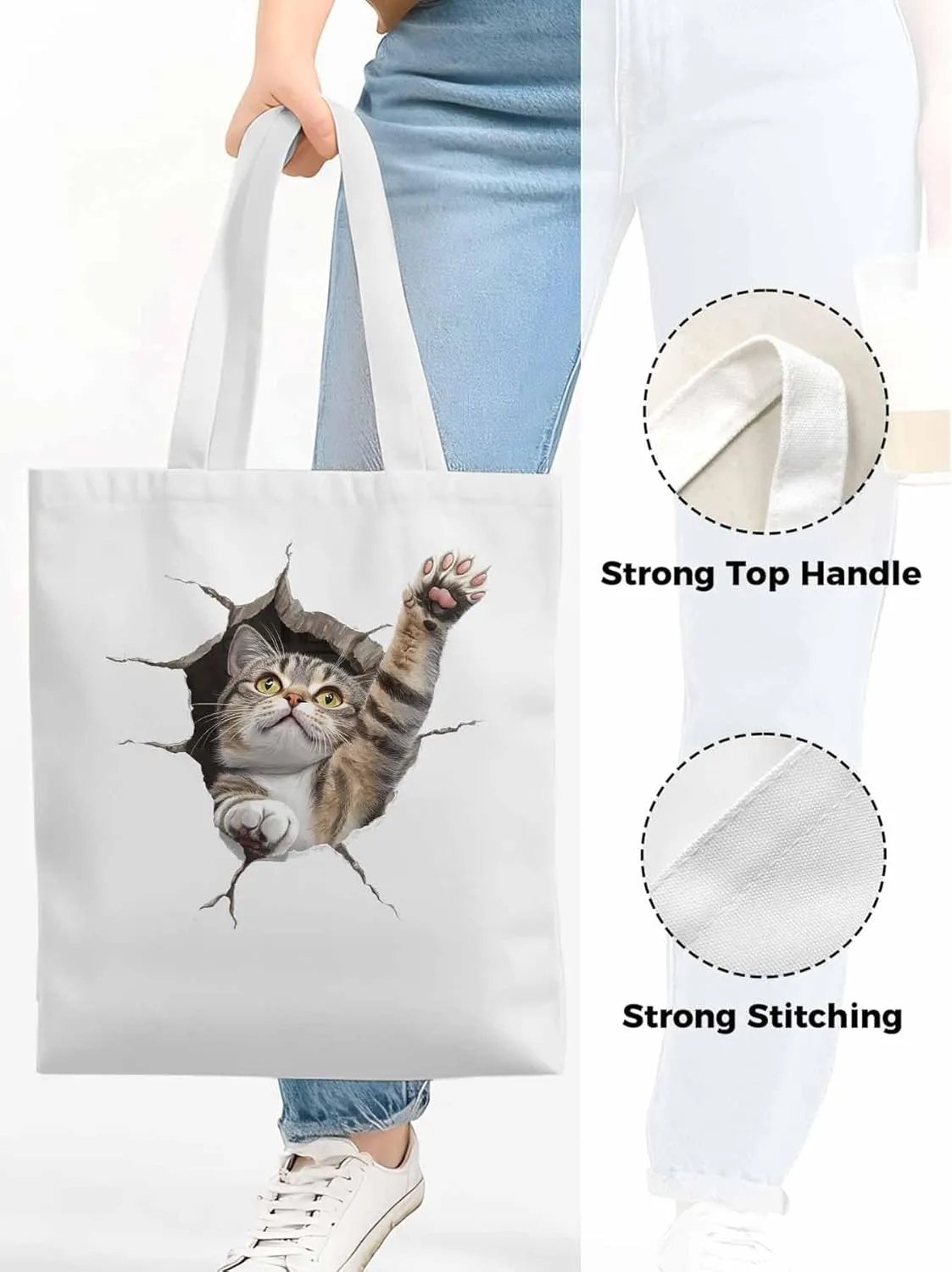 Canvas Tote Bag, Crack Cat Funny Aesthetic Canvas Tote Handbags for Women Shoulder Bag,