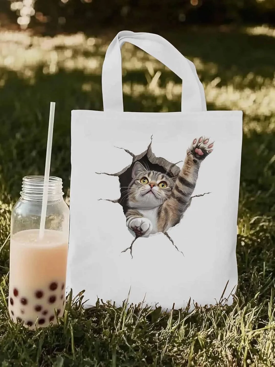 Canvas Tote Bag, Crack Cat Funny Aesthetic Canvas Tote Handbags for Women Shoulder Bag,