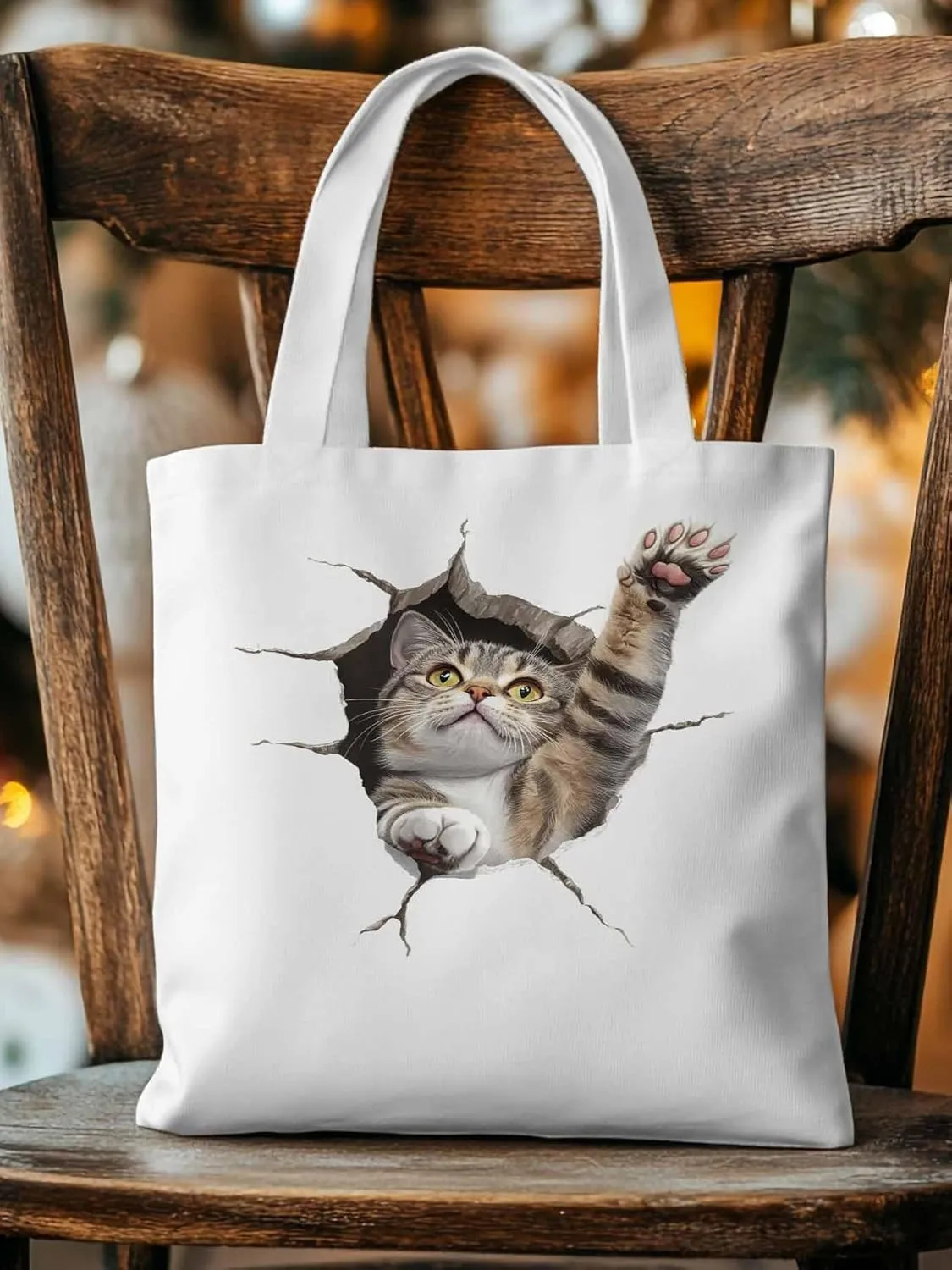 Canvas Tote Bag, Crack Cat Funny Aesthetic Canvas Tote Handbags for Women Shoulder Bag,