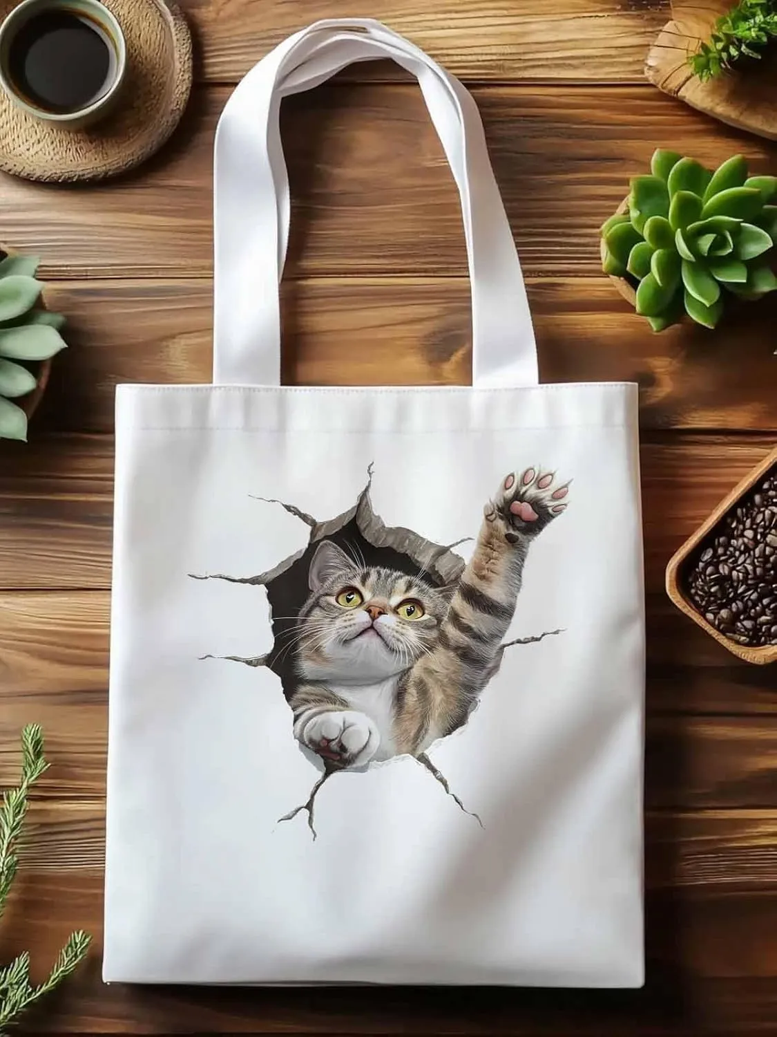 Canvas Tote Bag, Crack Cat Funny Aesthetic Canvas Tote Handbags for Women Shoulder Bag,