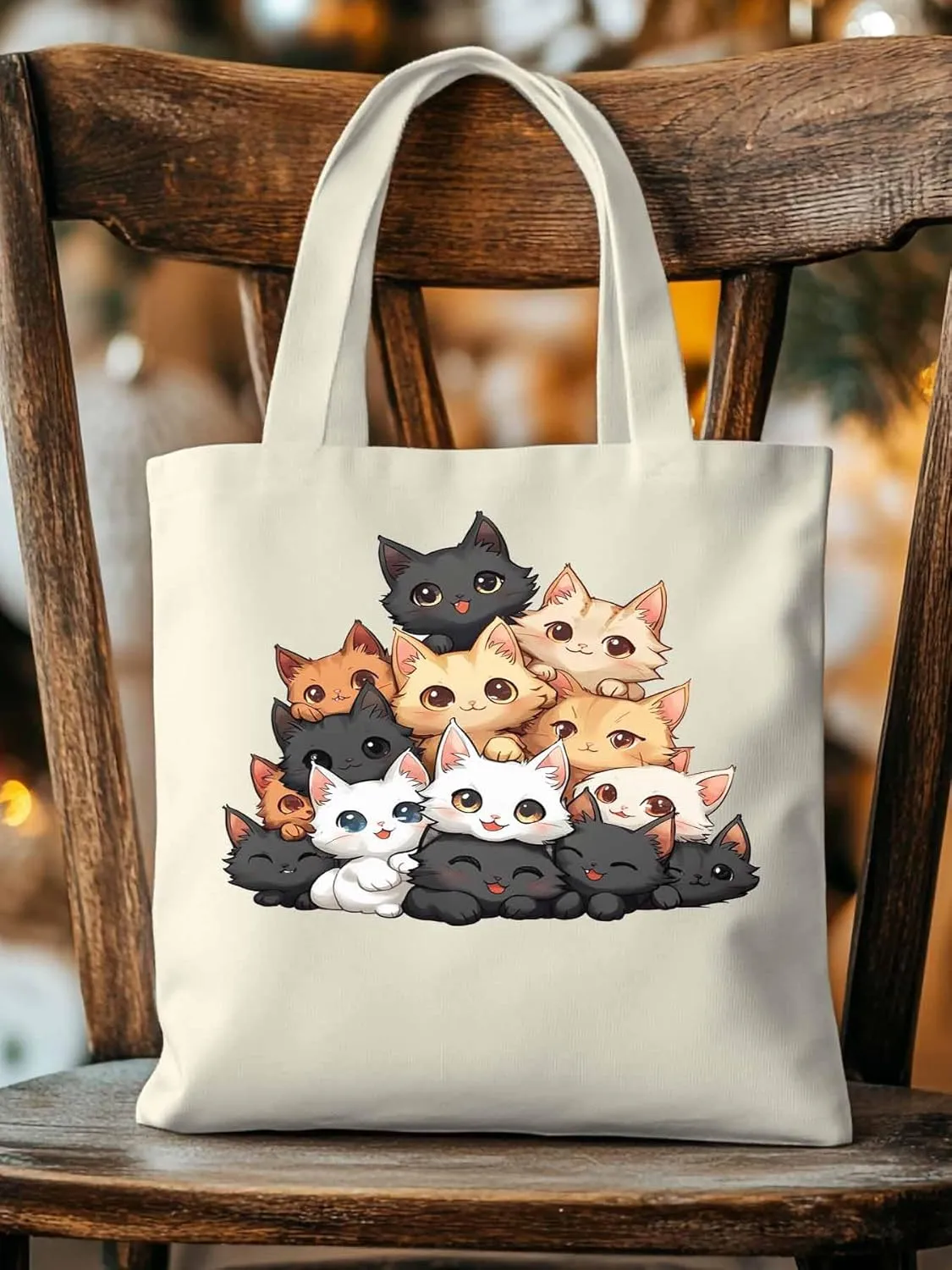 Canvas Tote Bag, Funny Cat Cartoon patterned Canvas Tote Handbags for Women Shoulder Bag,