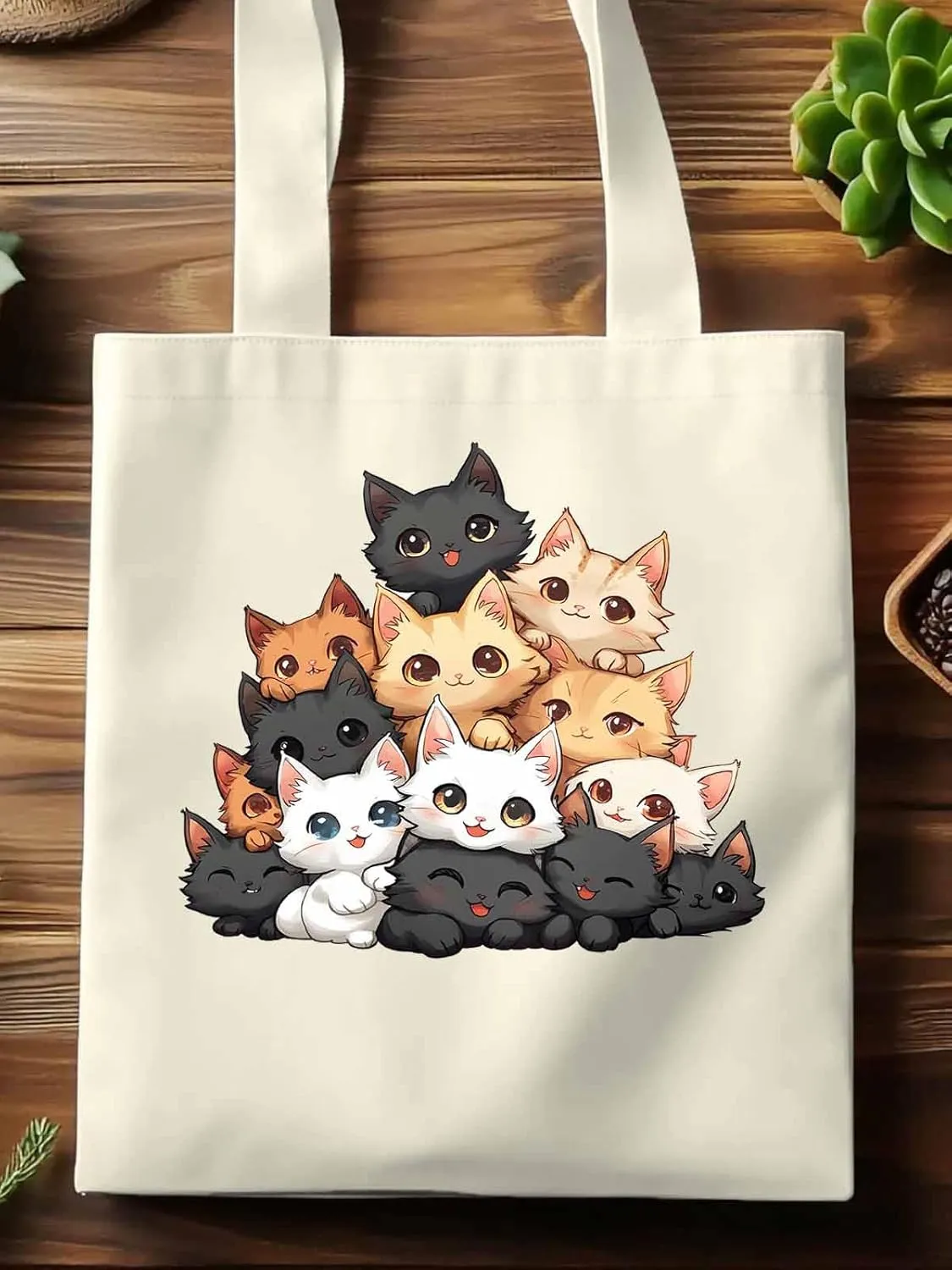 Canvas Tote Bag, Funny Cat Cartoon patterned Canvas Tote Handbags for Women Shoulder Bag,