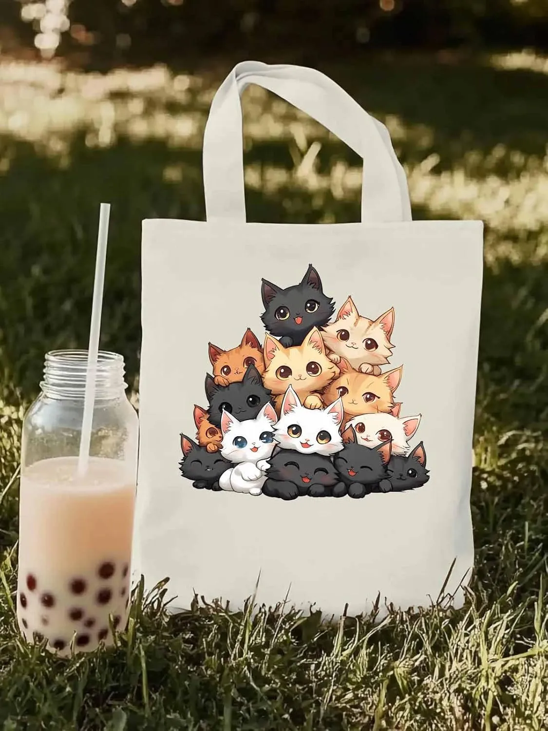 Canvas Tote Bag, Funny Cat Cartoon patterned Canvas Tote Handbags for Women Shoulder Bag,