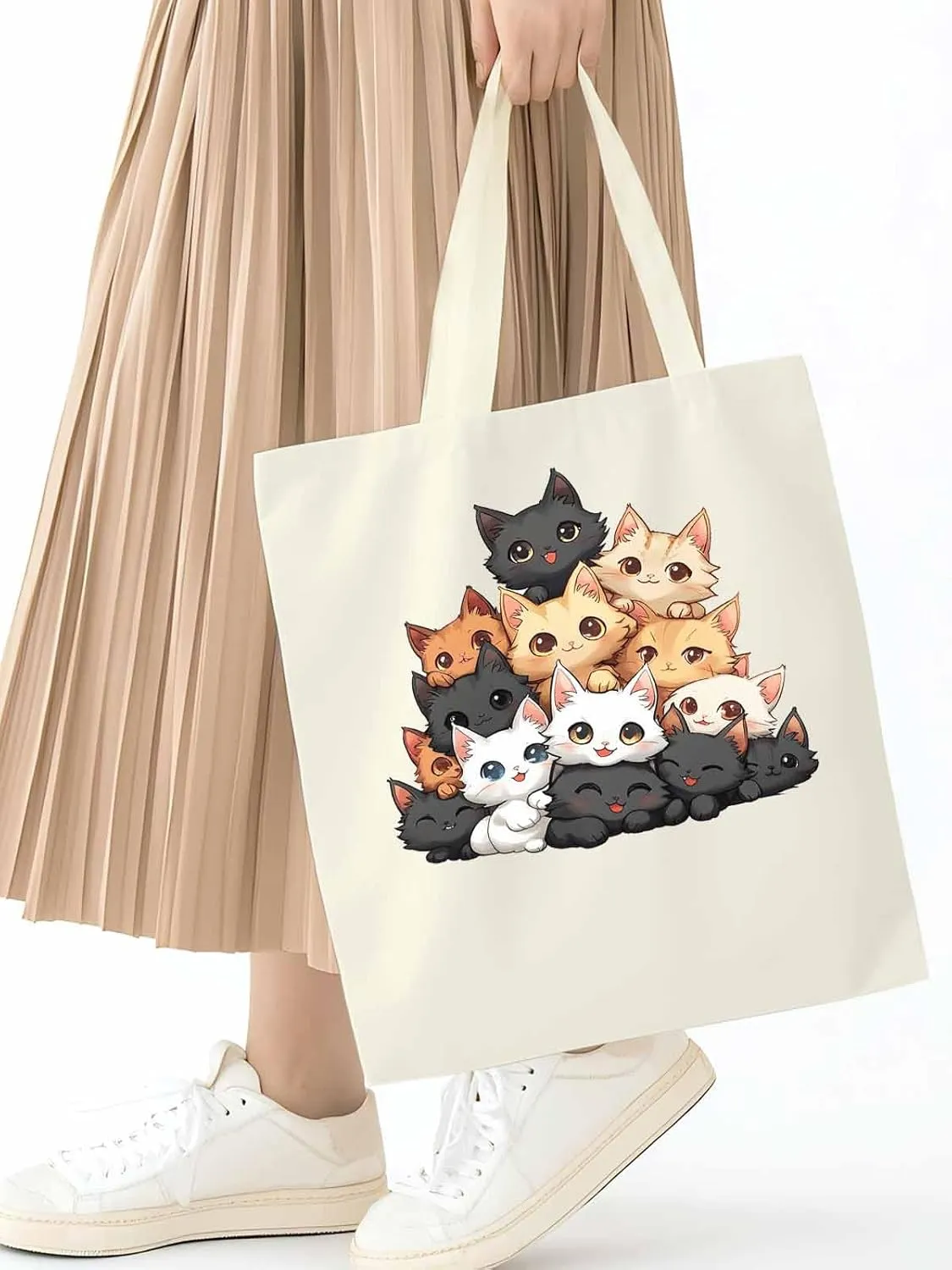 Canvas Tote Bag, Funny Cat Cartoon patterned Canvas Tote Handbags for Women Shoulder Bag,
