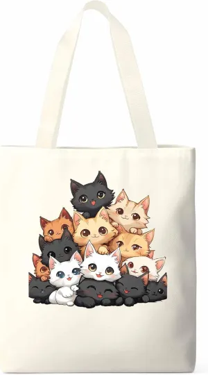 Canvas Tote Bag, Funny Cat Cartoon patterned Canvas Tote Handbags for Women Shoulder Bag,