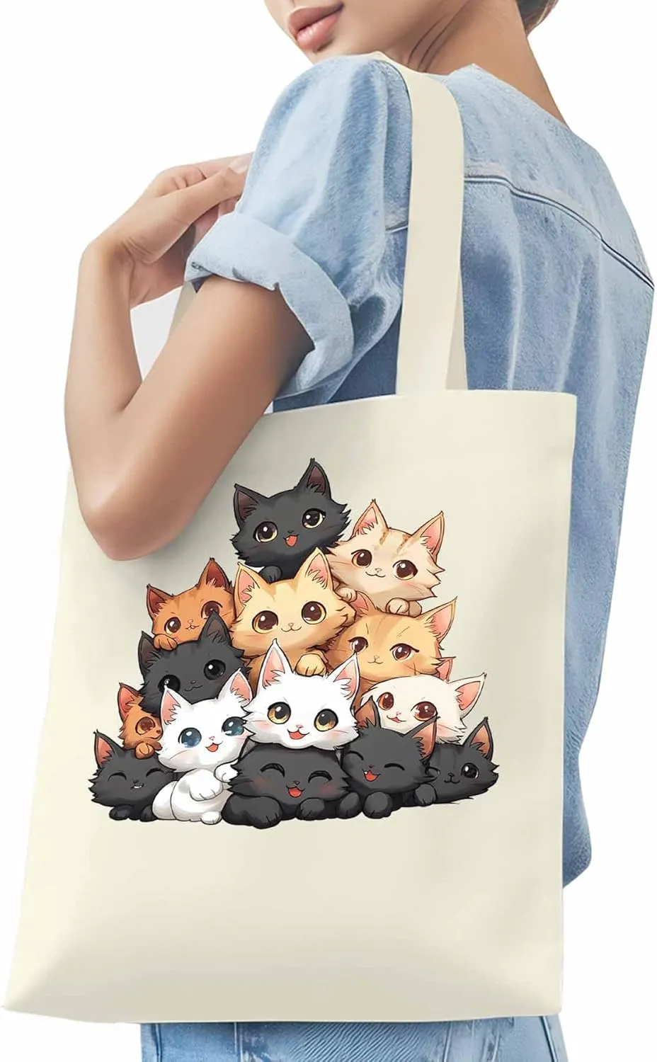 Canvas Tote Bag, Funny Cat Cartoon patterned Canvas Tote Handbags for Women Shoulder Bag,