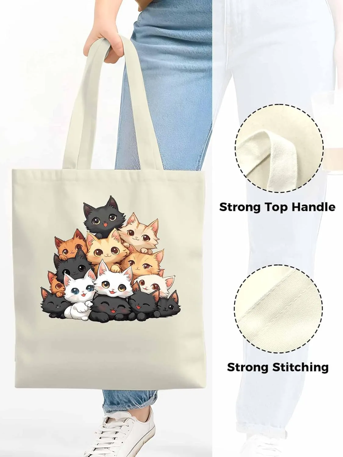 Canvas Tote Bag, Funny Cat Cartoon patterned Canvas Tote Handbags for Women Shoulder Bag,