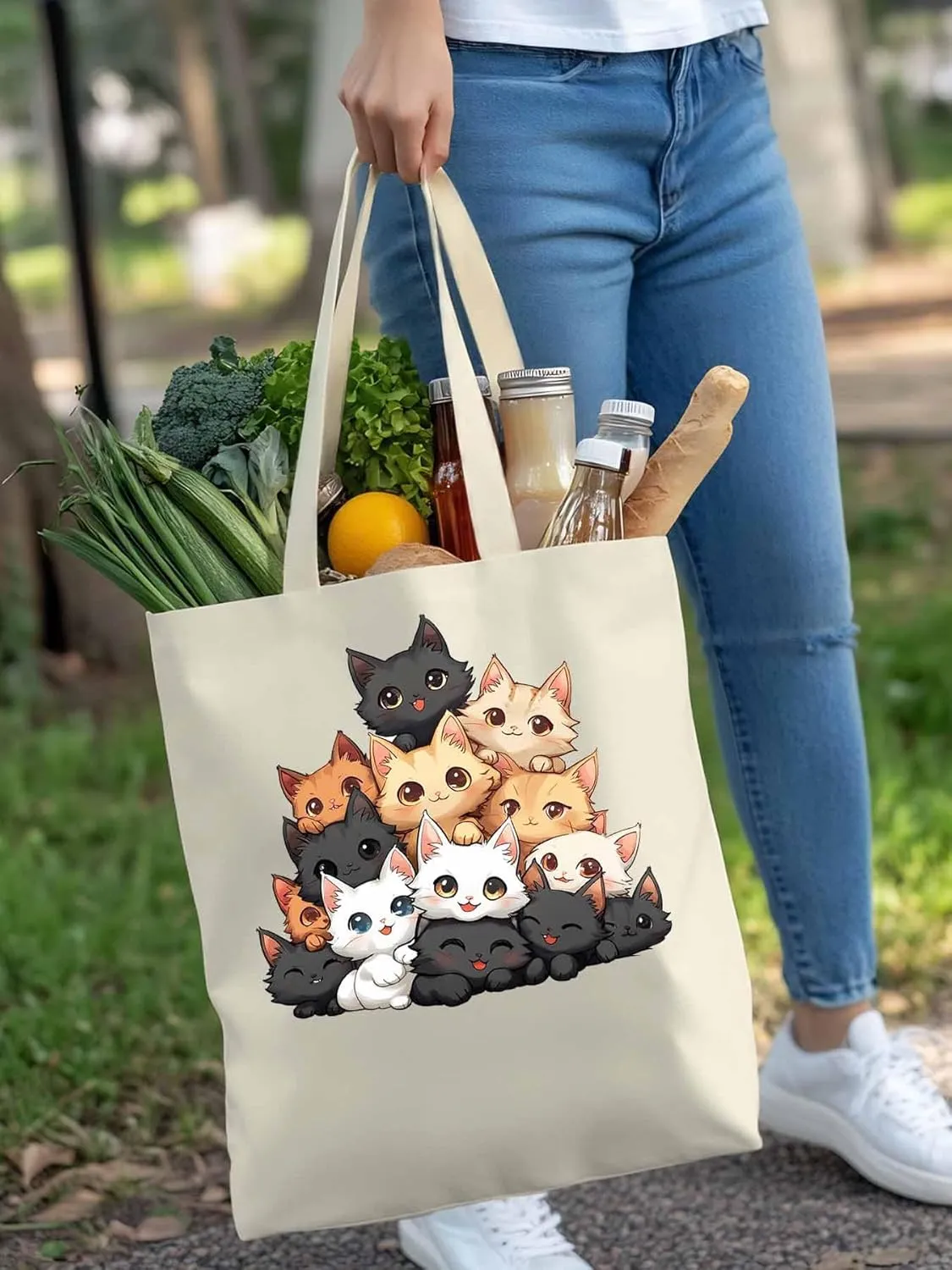 Canvas Tote Bag, Funny Cat Cartoon patterned Canvas Tote Handbags for Women Shoulder Bag,
