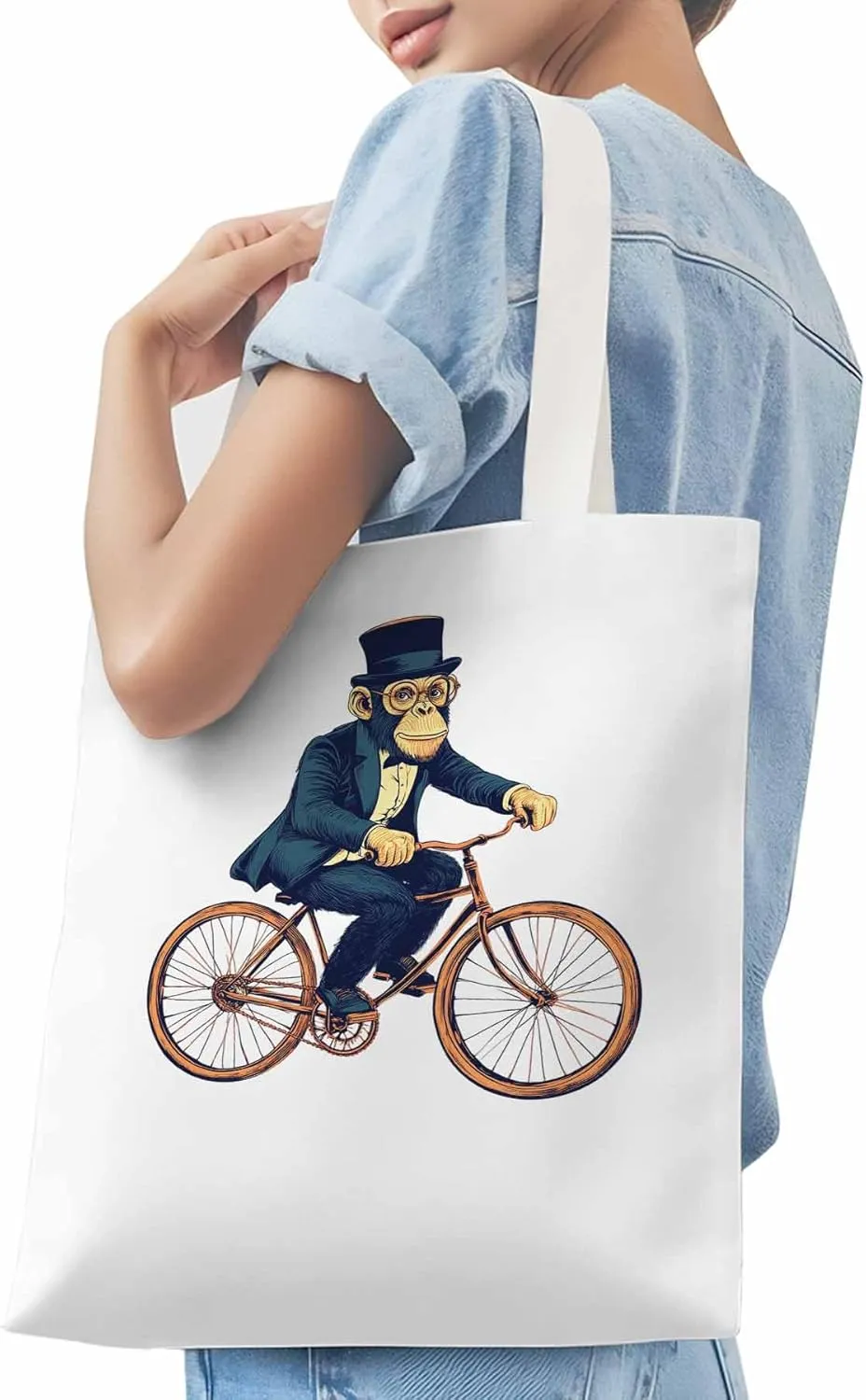 Canvas Tote Bag, Glasses Gorilla Riding Orange Bicycle patterned Canvas Tote Handbags for Women Shoulder Bag,