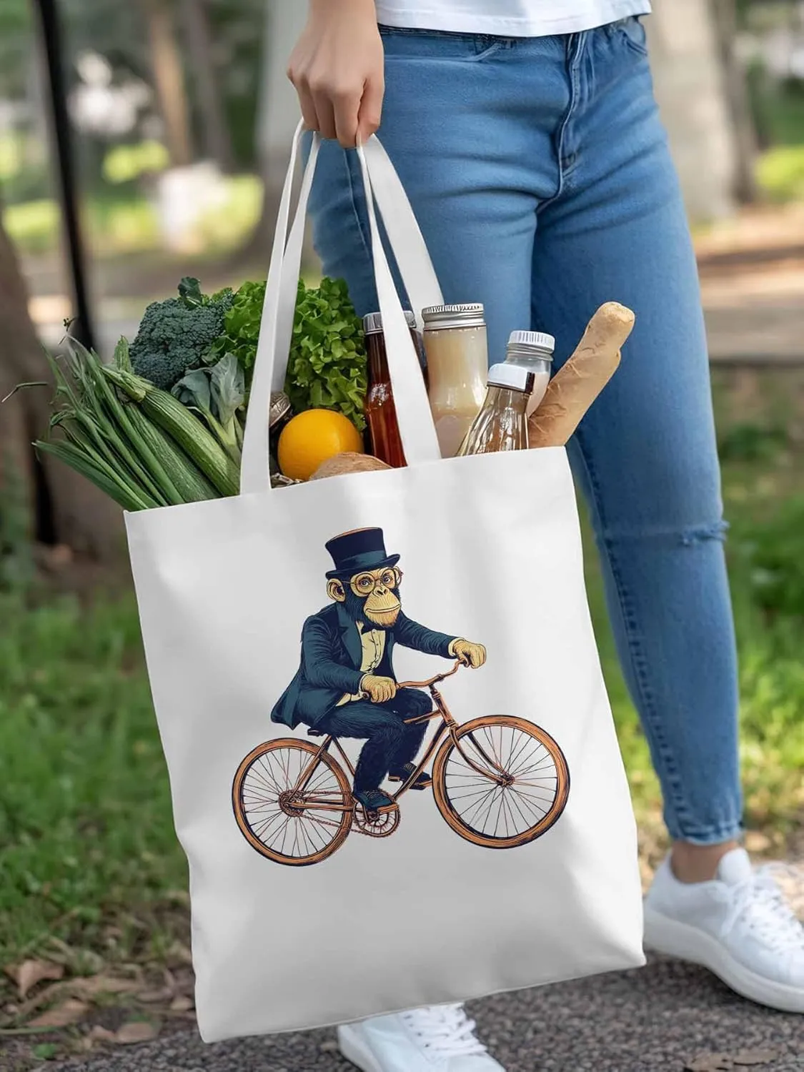 Canvas Tote Bag, Glasses Gorilla Riding Orange Bicycle patterned Canvas Tote Handbags for Women Shoulder Bag,
