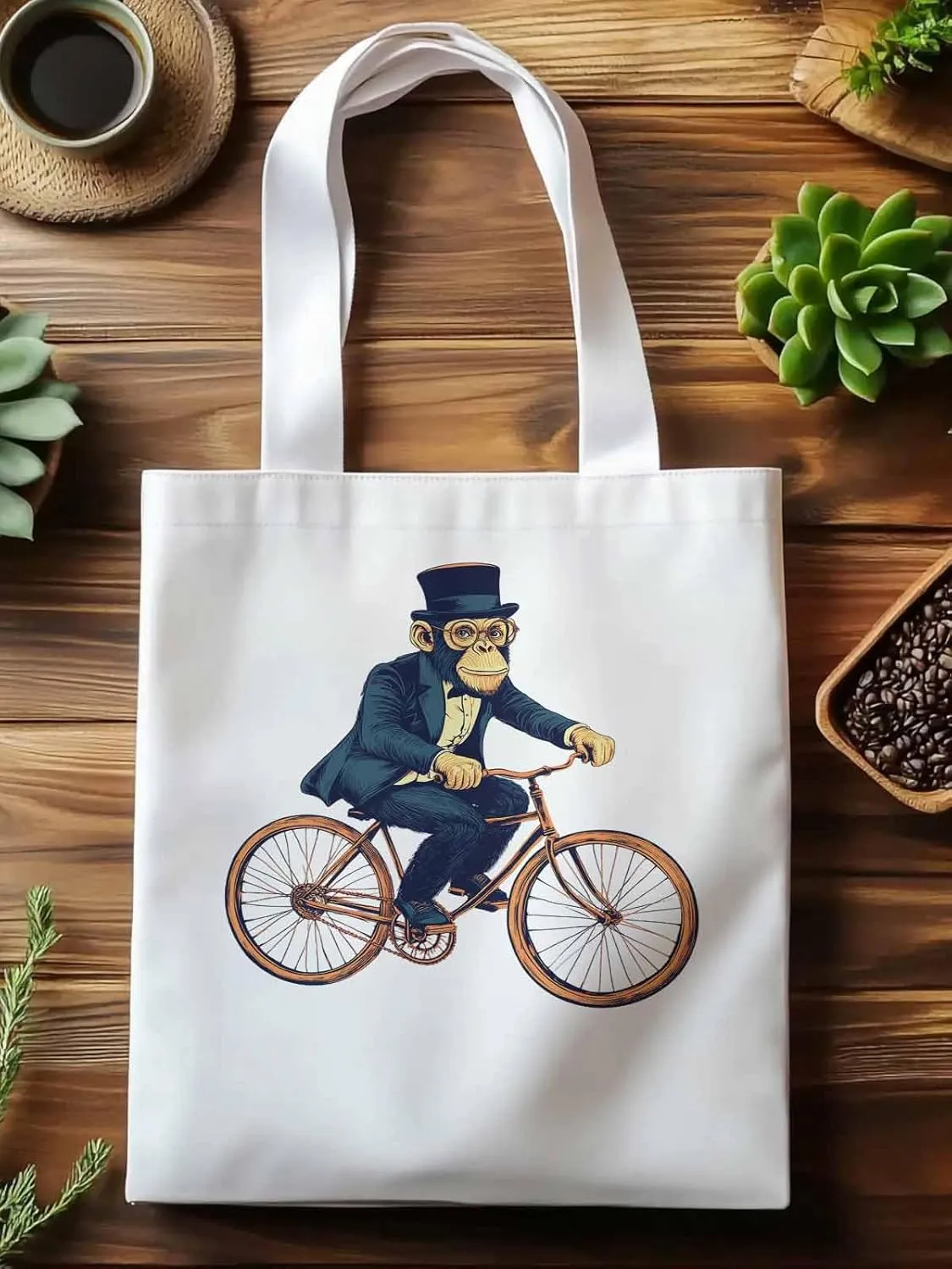 Canvas Tote Bag, Glasses Gorilla Riding Orange Bicycle patterned Canvas Tote Handbags for Women Shoulder Bag,