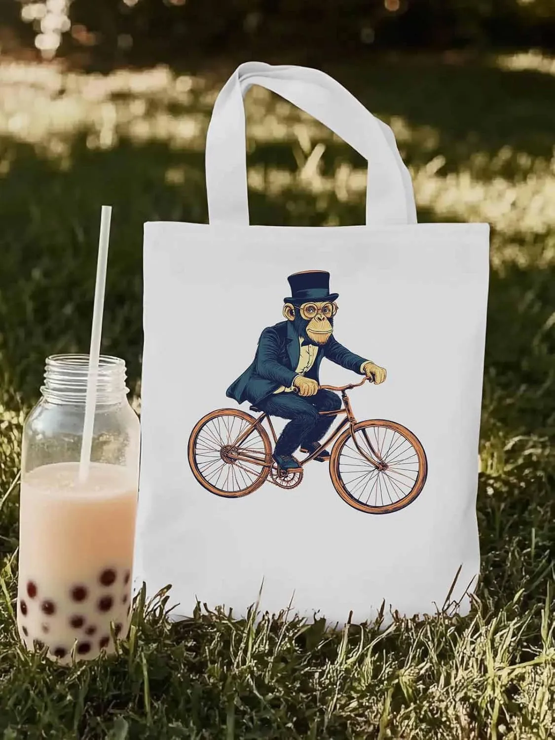 Canvas Tote Bag, Glasses Gorilla Riding Orange Bicycle patterned Canvas Tote Handbags for Women Shoulder Bag,