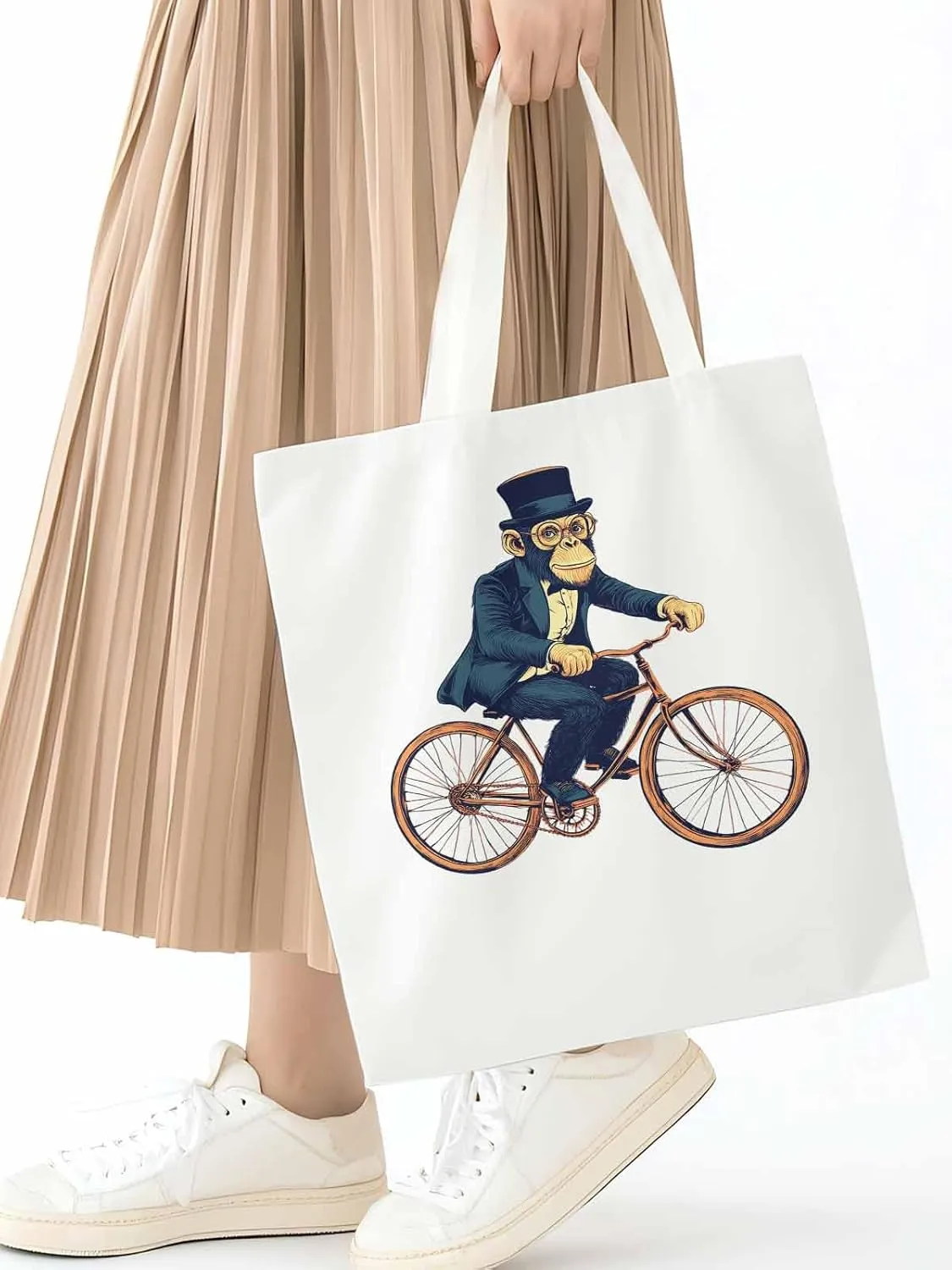 Canvas Tote Bag, Glasses Gorilla Riding Orange Bicycle patterned Canvas Tote Handbags for Women Shoulder Bag,