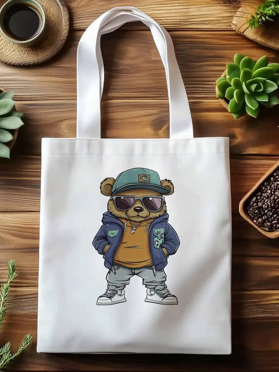 Canvas Tote Bag, Hip-hop Style Brown Bears Aesthetic Canvas Tote Handbags for Women Shoulder Bag