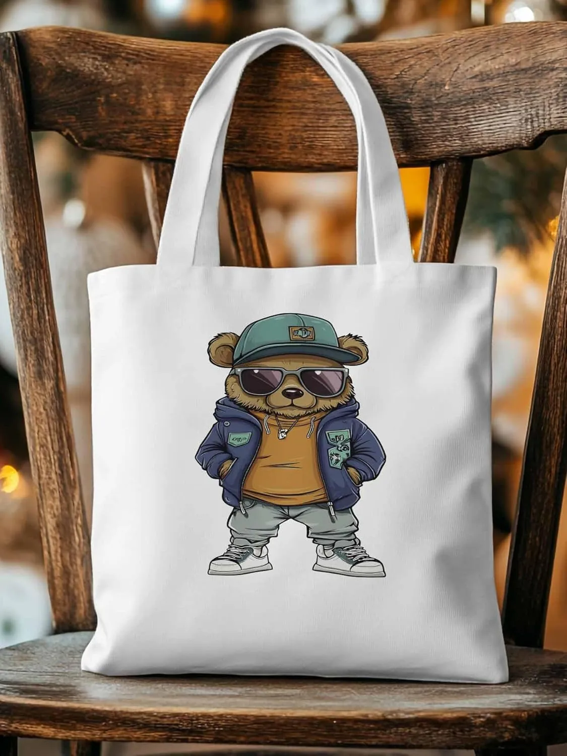 Canvas Tote Bag, Hip-hop Style Brown Bears Aesthetic Canvas Tote Handbags for Women Shoulder Bag