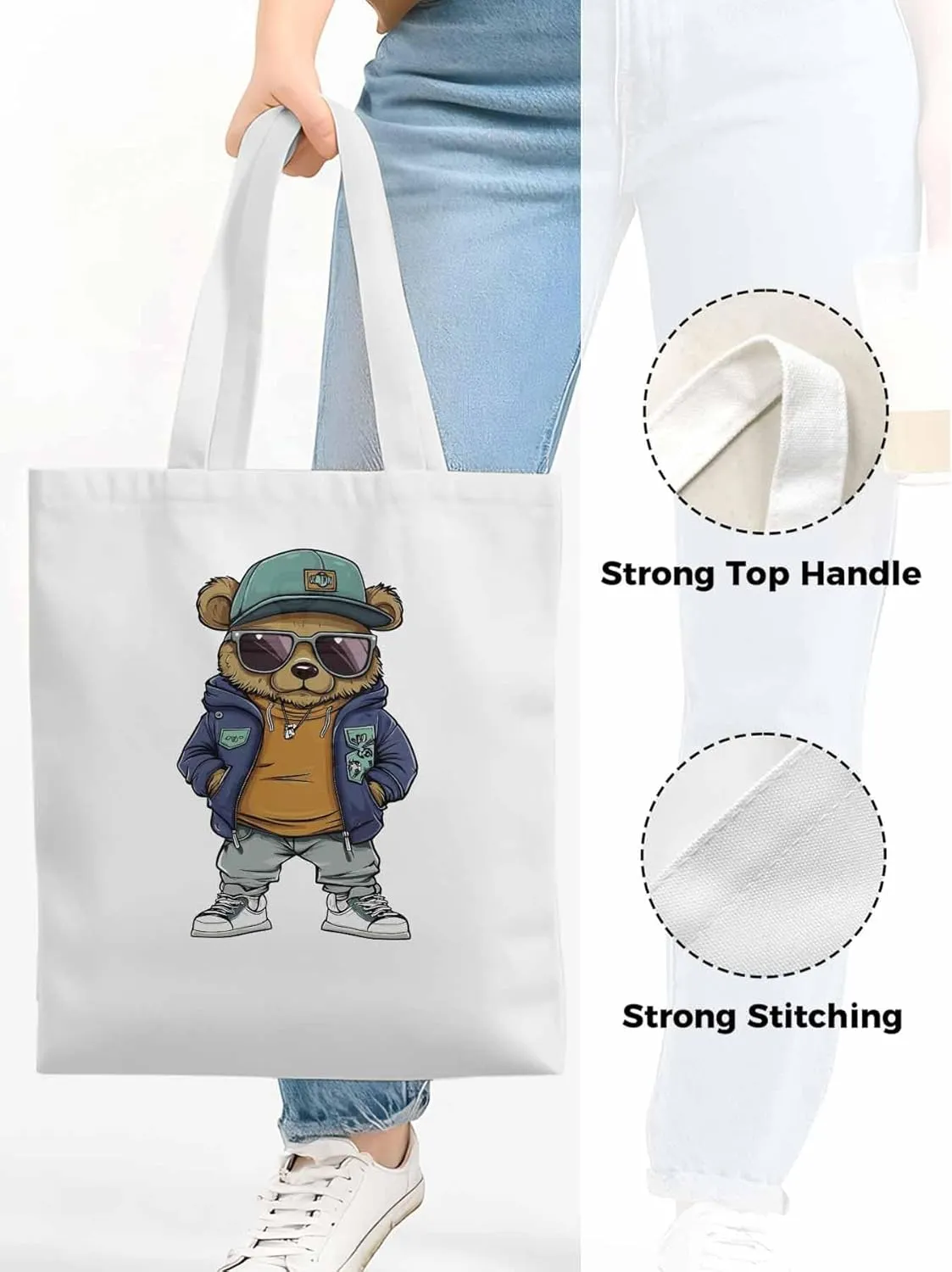 Canvas Tote Bag, Hip-hop Style Brown Bears Aesthetic Canvas Tote Handbags for Women Shoulder Bag