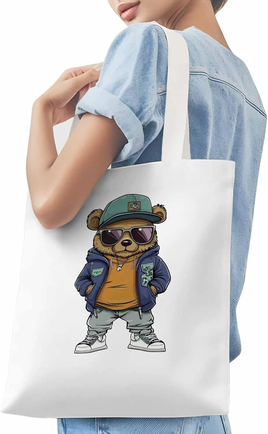 Canvas Tote Bag, Hip-hop Style Brown Bears Aesthetic Canvas Tote Handbags for Women Shoulder Bag
