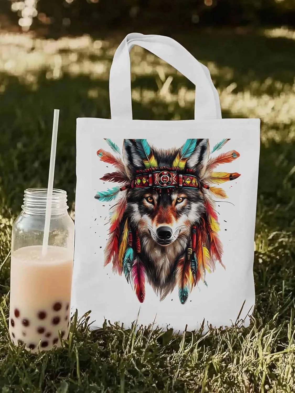 Canvas Tote Bag, Indian Wolf Print patterned Canvas Tote Handbags for Women Shoulder Bag,