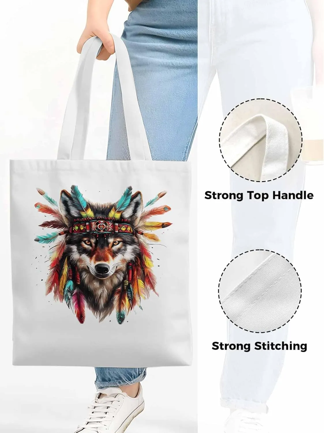 Canvas Tote Bag, Indian Wolf Print patterned Canvas Tote Handbags for Women Shoulder Bag,