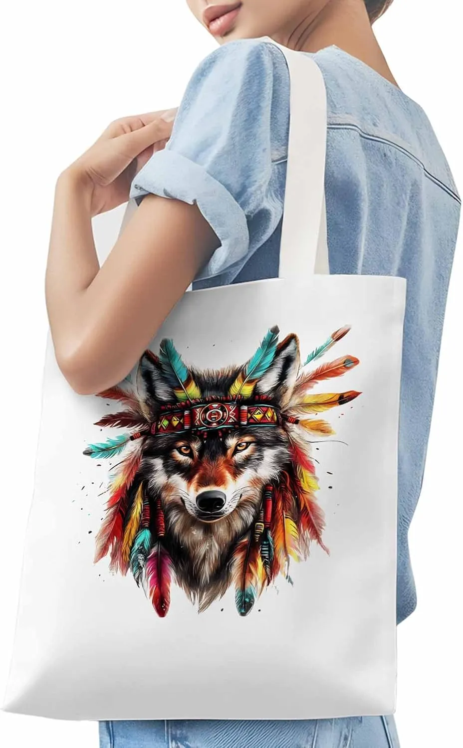 Canvas Tote Bag, Indian Wolf Print patterned Canvas Tote Handbags for Women Shoulder Bag,