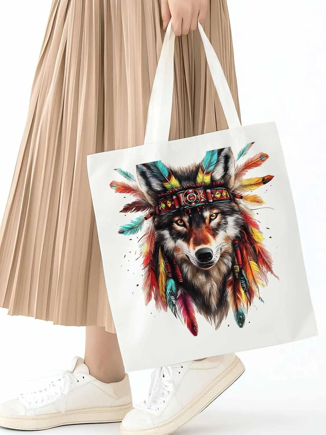 Canvas Tote Bag, Indian Wolf Print patterned Canvas Tote Handbags for Women Shoulder Bag,