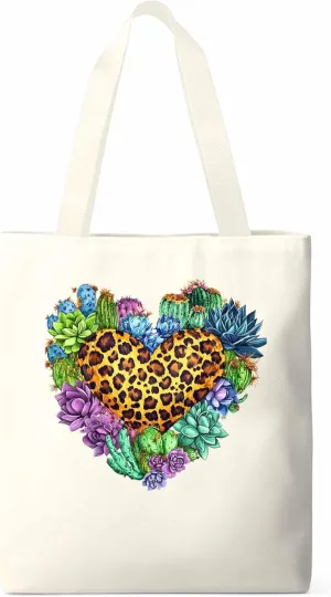 Canvas Tote Bag, Leopard Love Heart Flowers Aesthetic Canvas Tote Handbags for Women Shoulder Bag,