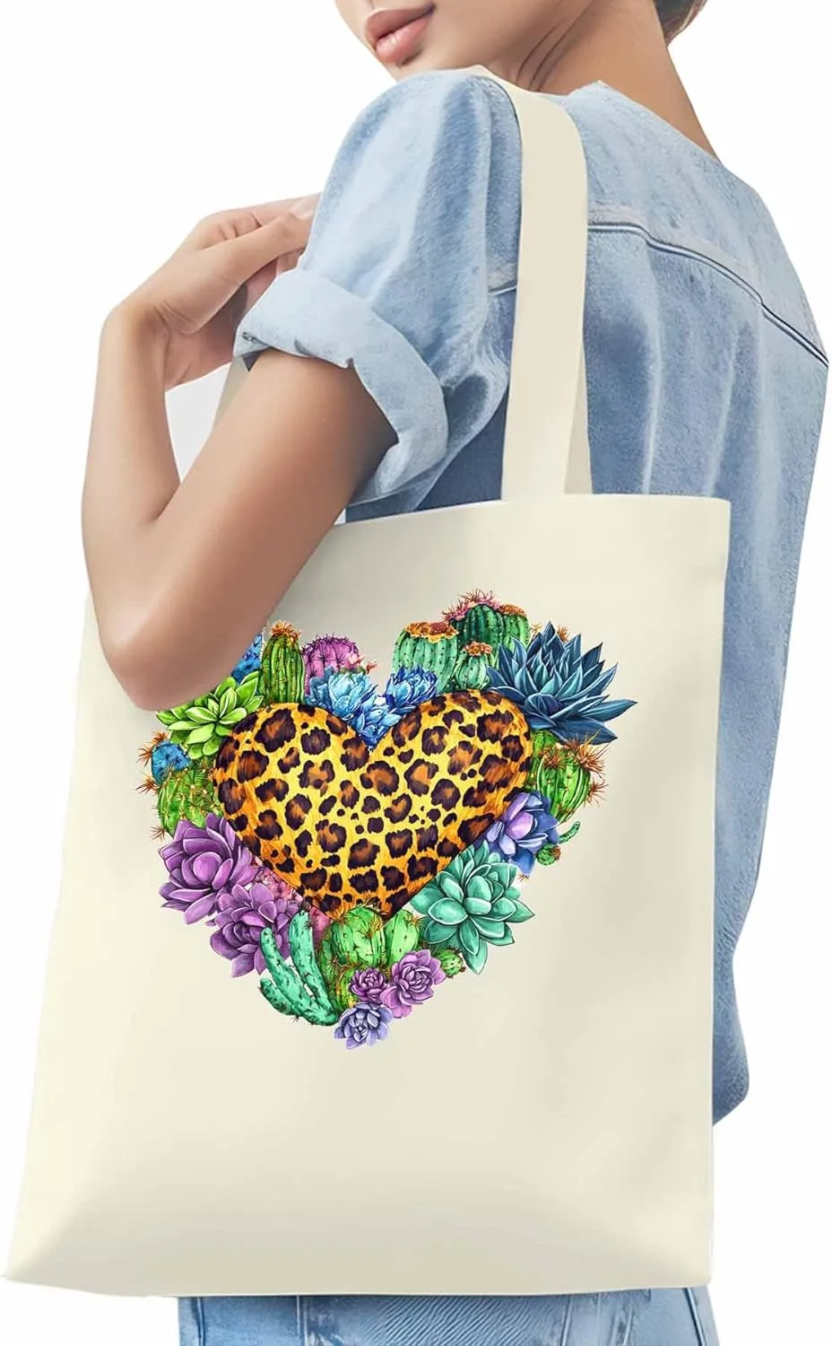 Canvas Tote Bag, Leopard Love Heart Flowers Aesthetic Canvas Tote Handbags for Women Shoulder Bag,