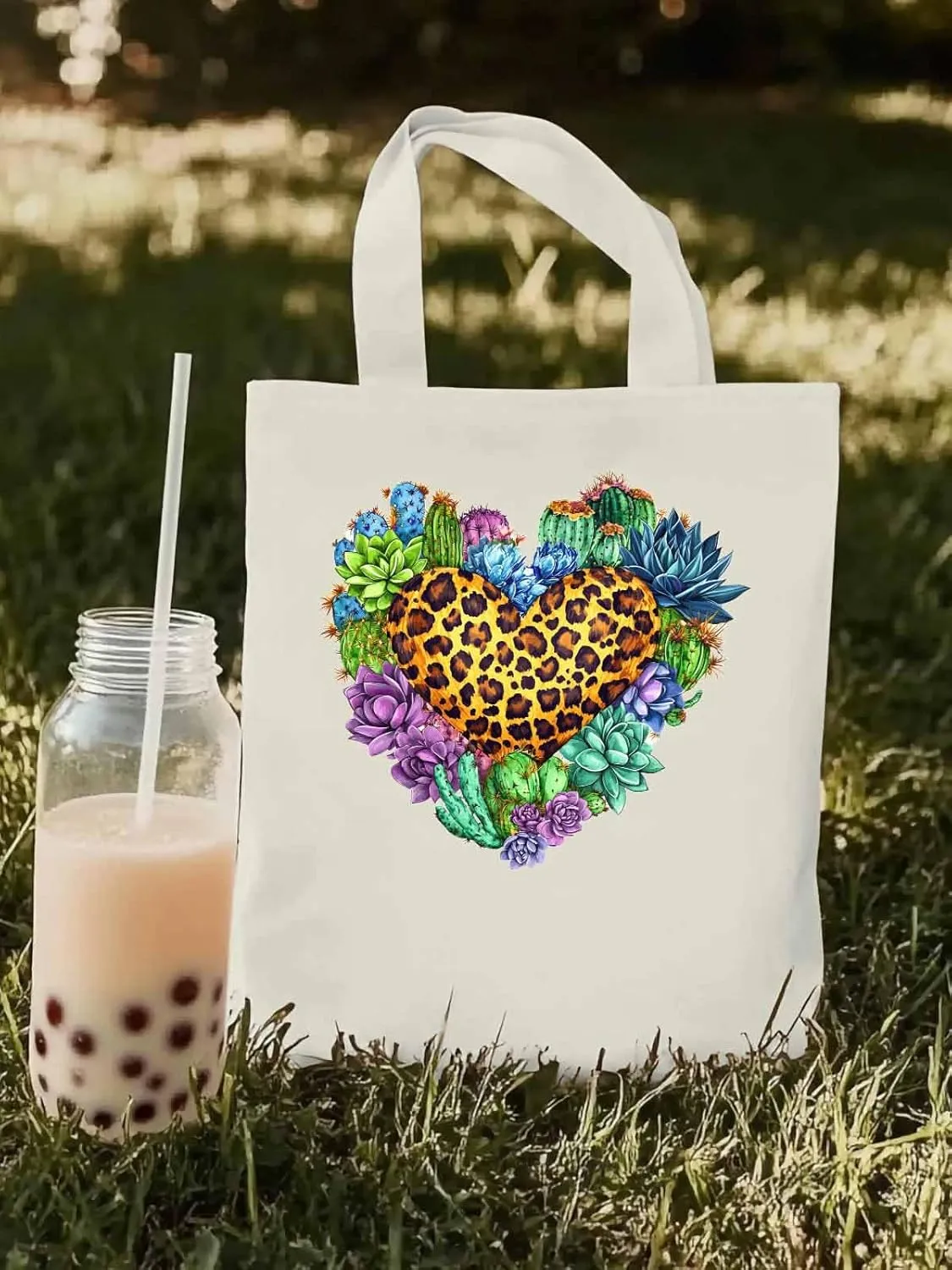 Canvas Tote Bag, Leopard Love Heart Flowers Aesthetic Canvas Tote Handbags for Women Shoulder Bag,