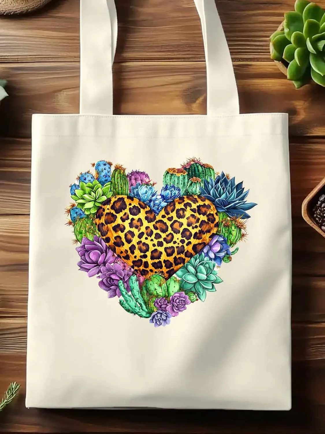 Canvas Tote Bag, Leopard Love Heart Flowers Aesthetic Canvas Tote Handbags for Women Shoulder Bag,