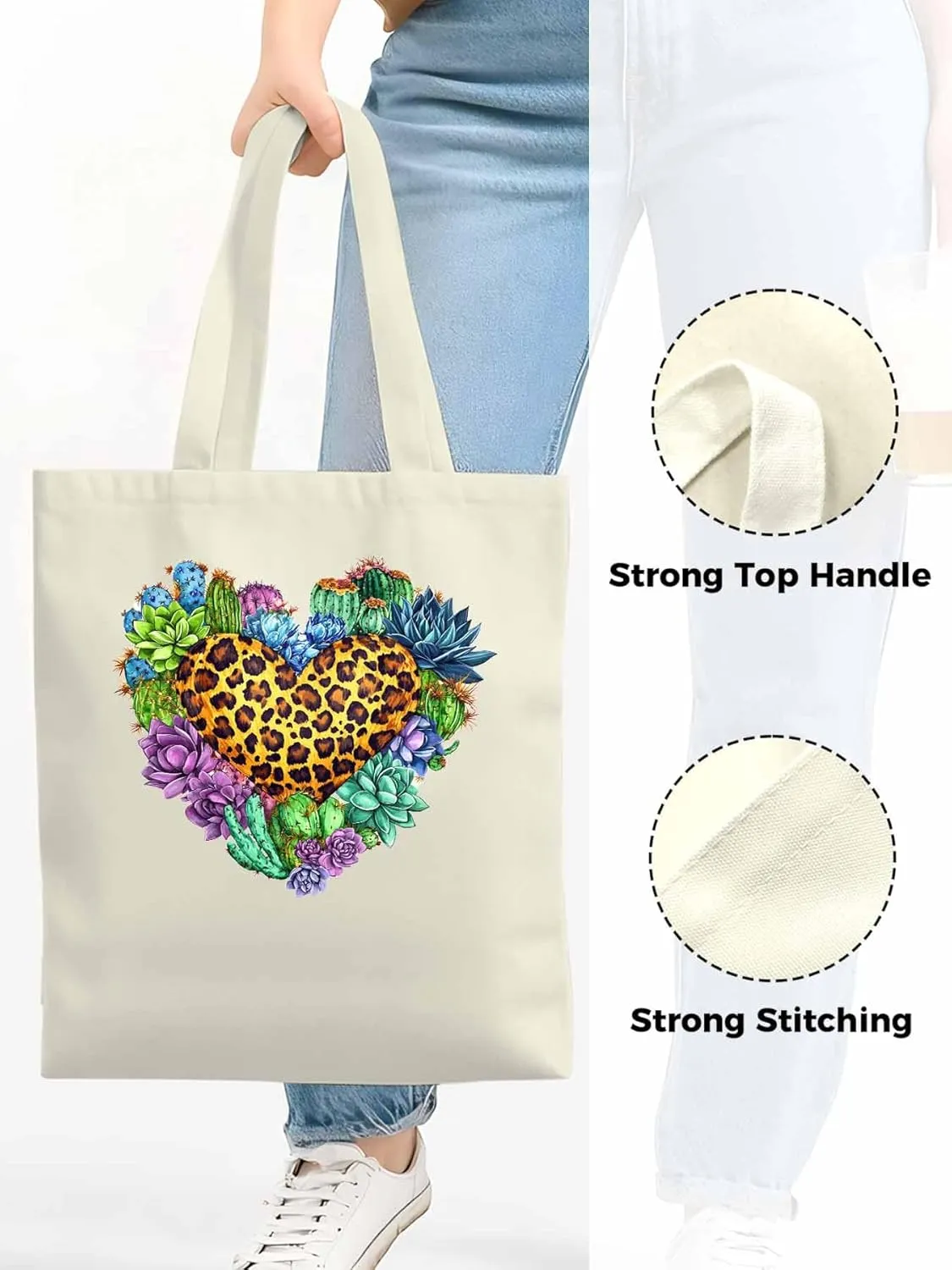 Canvas Tote Bag, Leopard Love Heart Flowers Aesthetic Canvas Tote Handbags for Women Shoulder Bag,