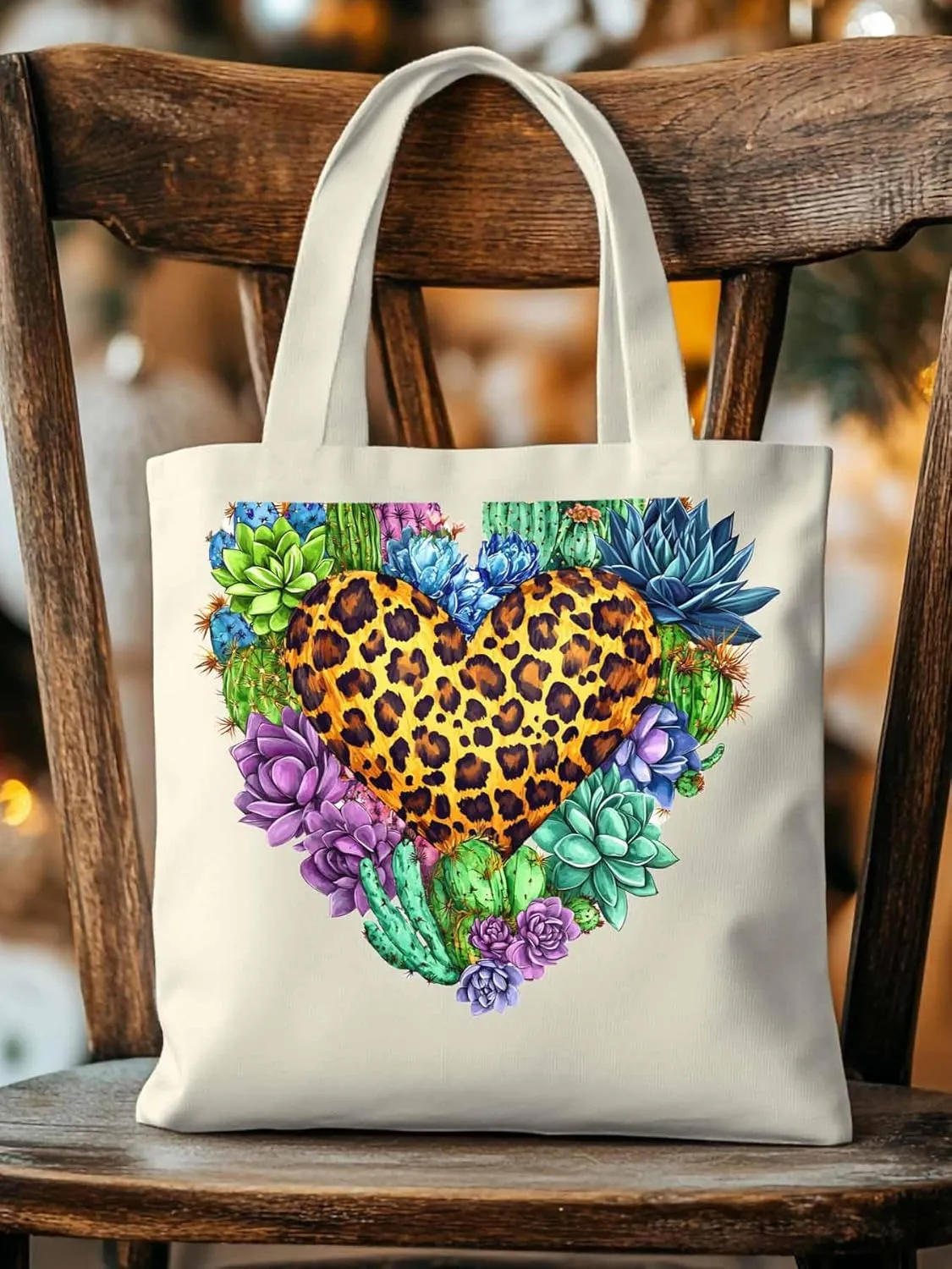Canvas Tote Bag, Leopard Love Heart Flowers Aesthetic Canvas Tote Handbags for Women Shoulder Bag,