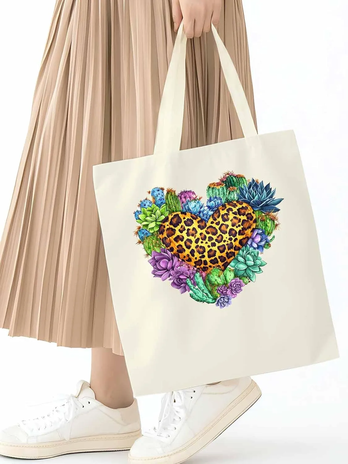 Canvas Tote Bag, Leopard Love Heart Flowers Aesthetic Canvas Tote Handbags for Women Shoulder Bag,