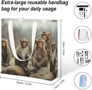 Canvas Tote Bag Lightweight Reusable Tote Handbag Sitting Monkey Shoulder Bag Grocery Shopping Bag, White
