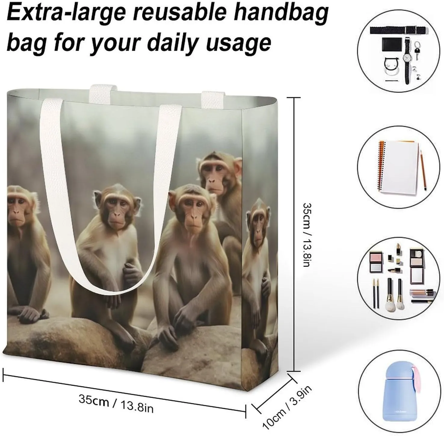 Canvas Tote Bag Lightweight Reusable Tote Handbag Sitting Monkey Shoulder Bag Grocery Shopping Bag, White