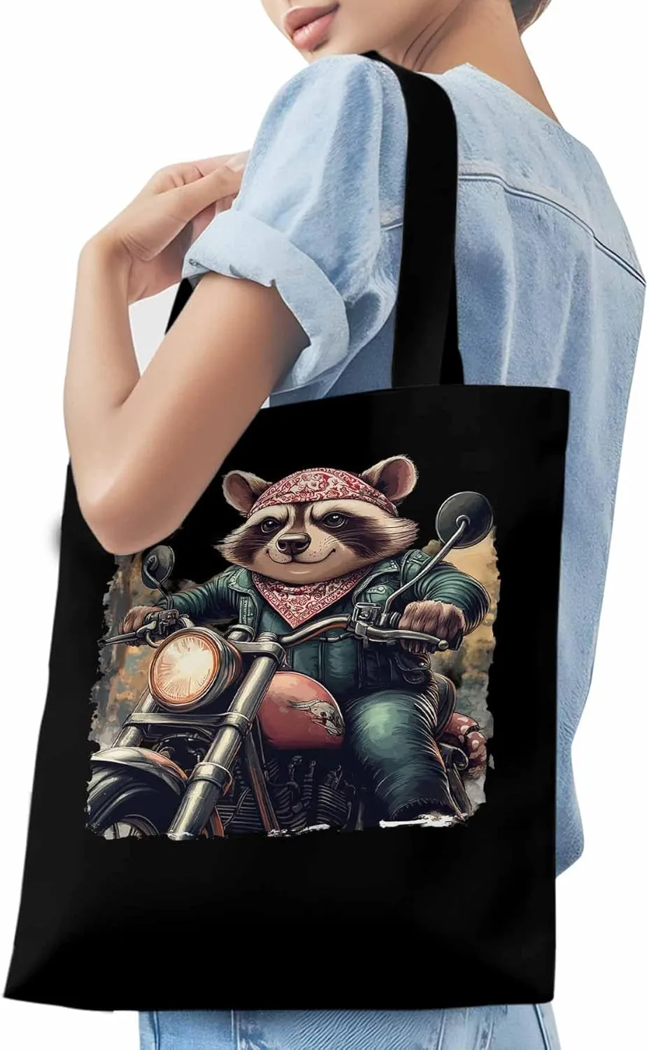 Canvas Tote Bag, Motorcycle Raccoon patterned Canvas Tote Handbags for Women Shoulder Bag,
