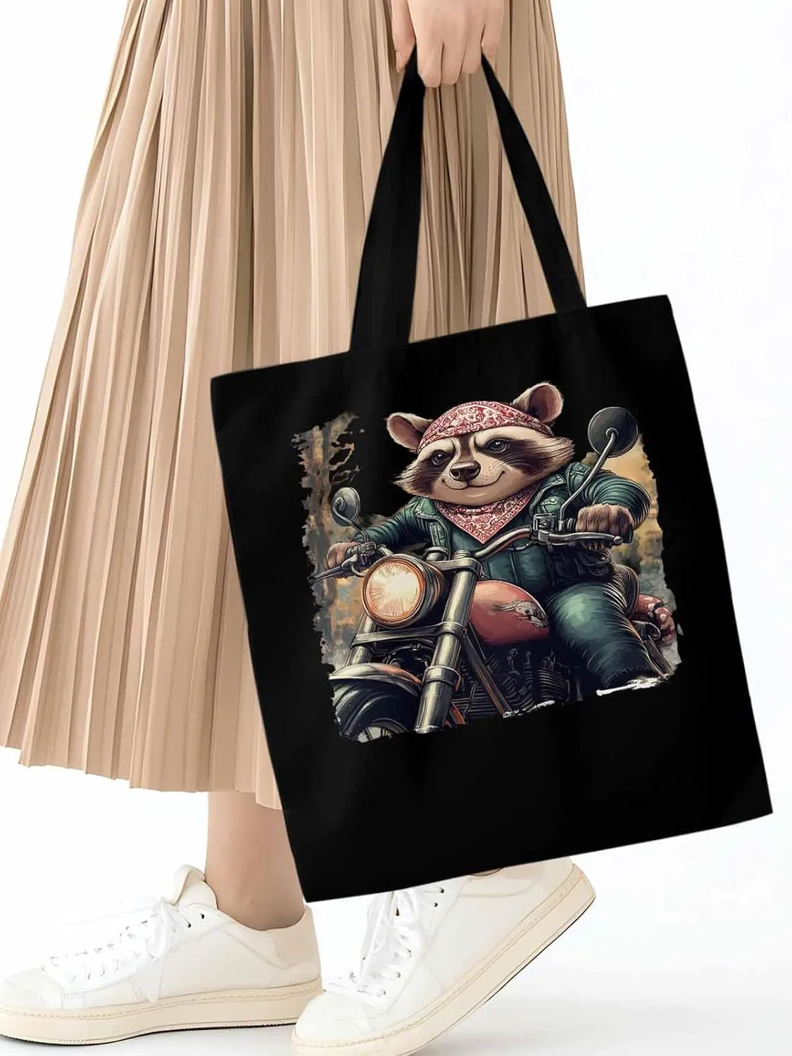 Canvas Tote Bag, Motorcycle Raccoon patterned Canvas Tote Handbags for Women Shoulder Bag,