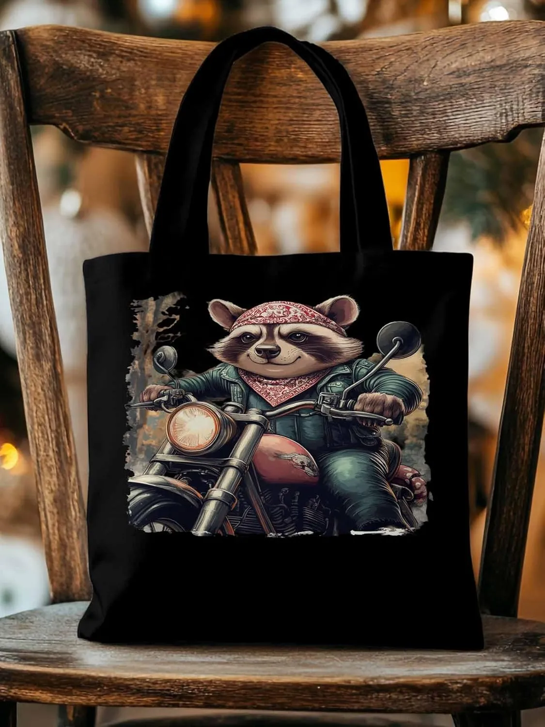Canvas Tote Bag, Motorcycle Raccoon patterned Canvas Tote Handbags for Women Shoulder Bag,