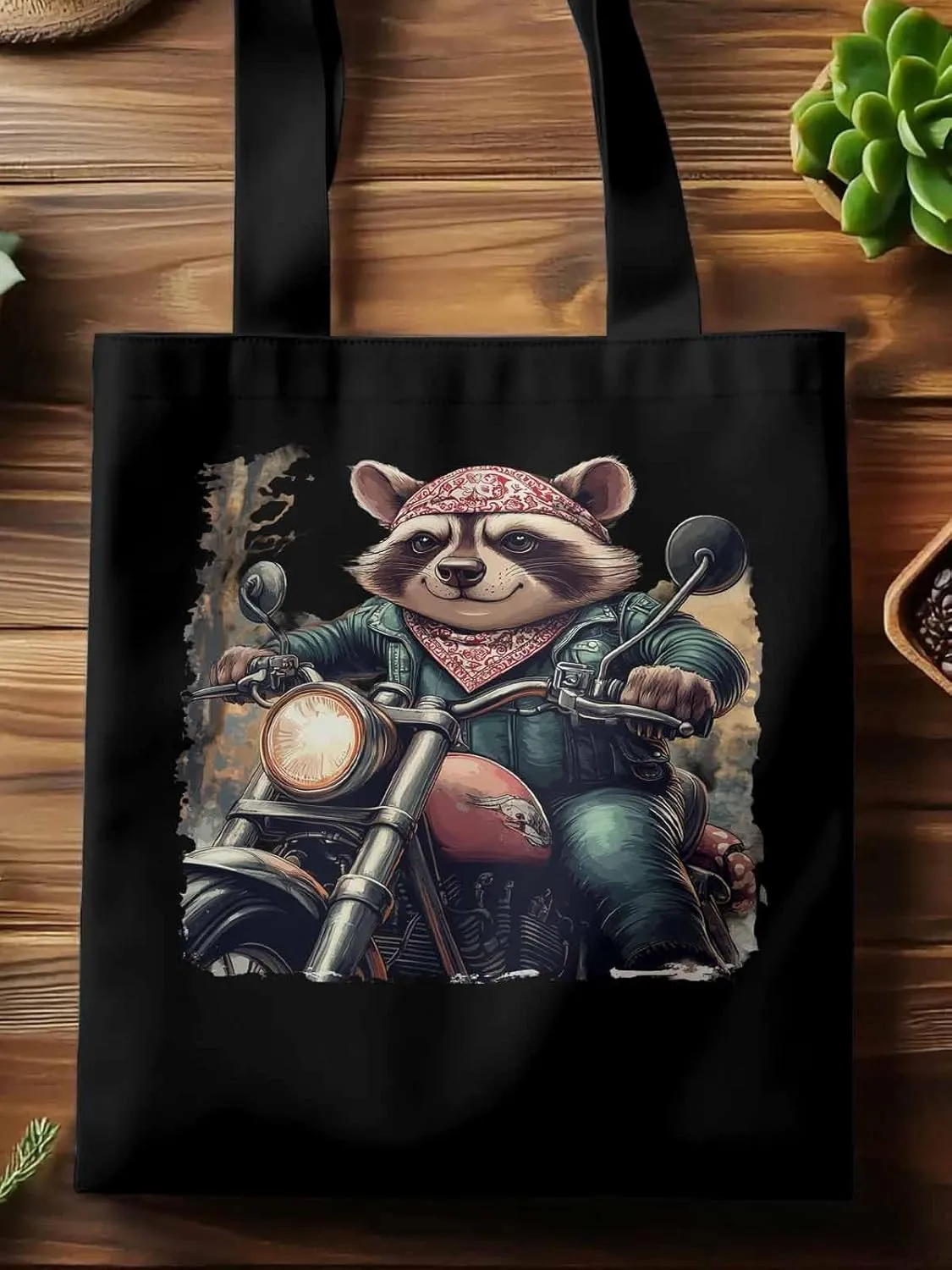 Canvas Tote Bag, Motorcycle Raccoon patterned Canvas Tote Handbags for Women Shoulder Bag,