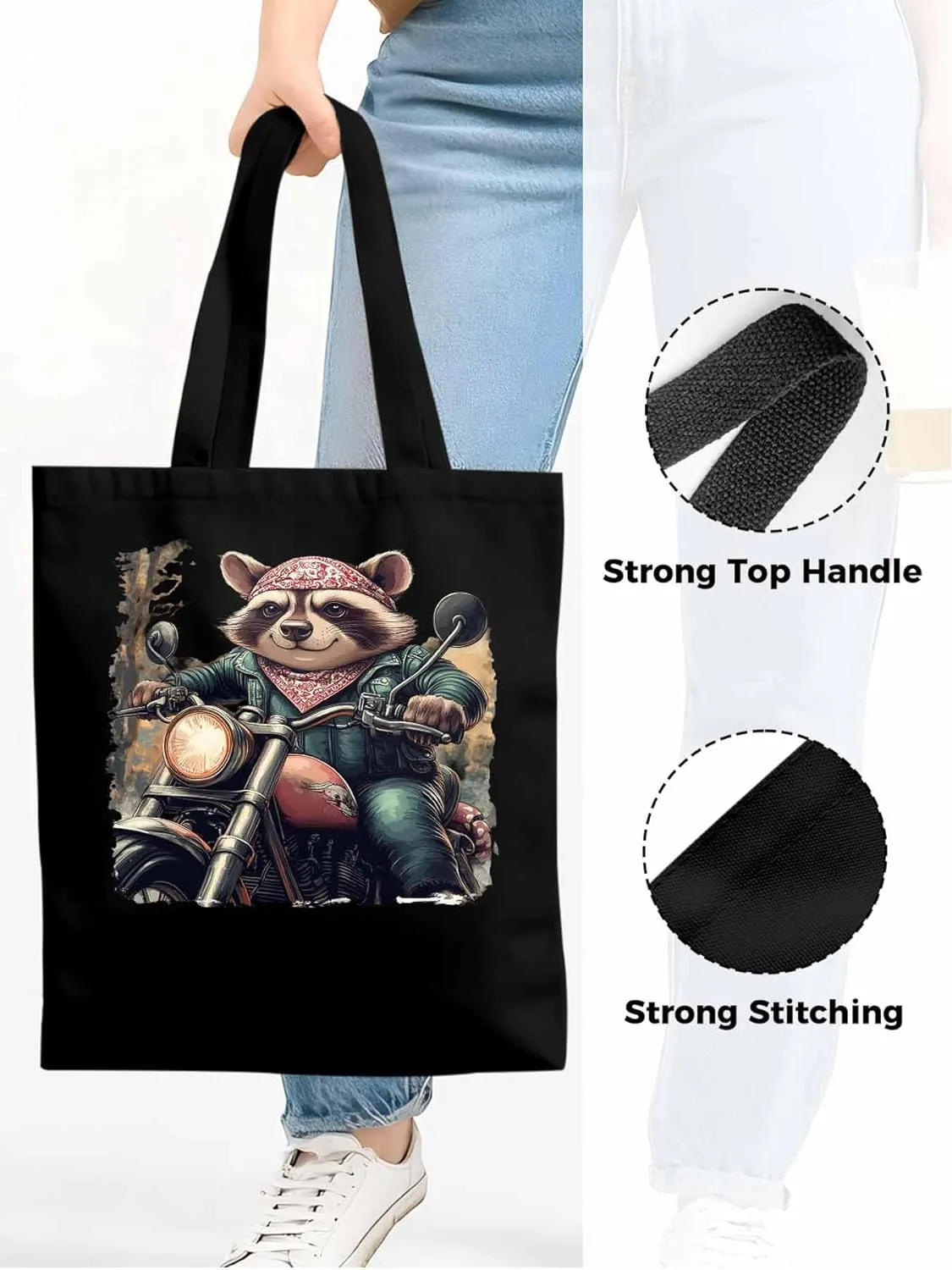 Canvas Tote Bag, Motorcycle Raccoon patterned Canvas Tote Handbags for Women Shoulder Bag,