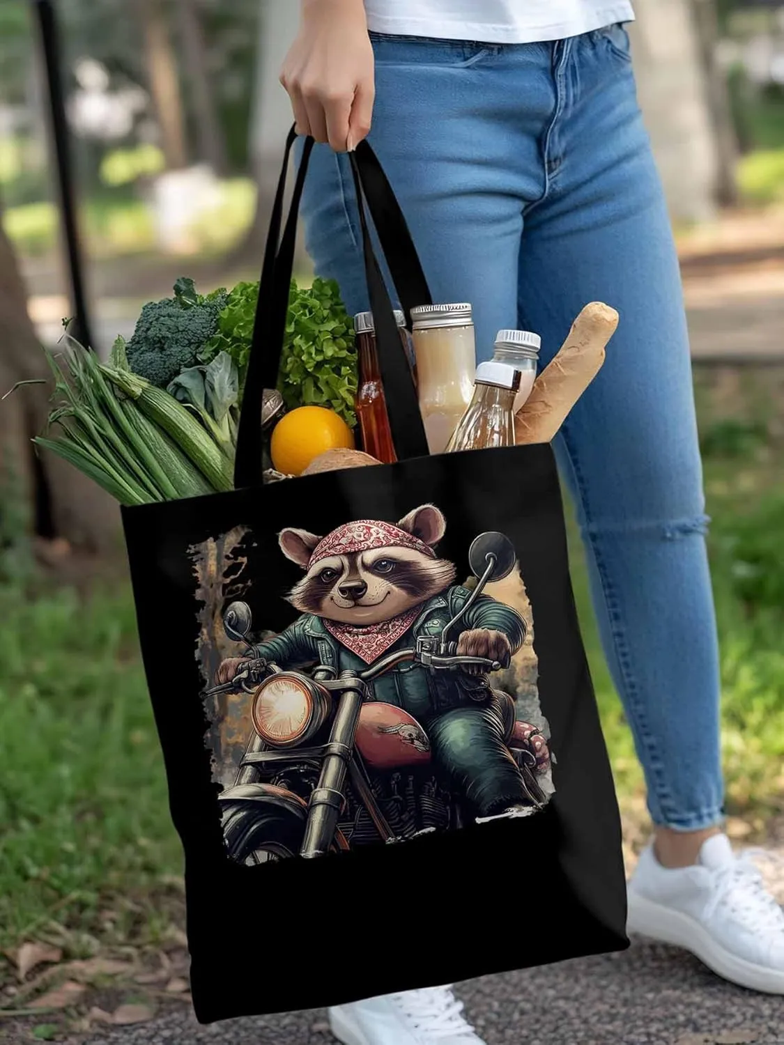 Canvas Tote Bag, Motorcycle Raccoon patterned Canvas Tote Handbags for Women Shoulder Bag,