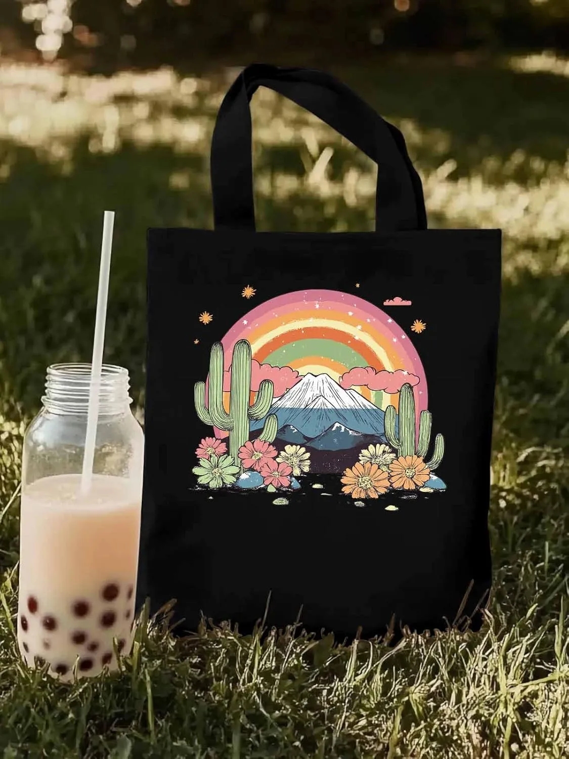 Canvas Tote Bag, Mountain Rainbow Western Cactus Floral patterned Canvas Tote Handbags for Women Shoulder Bag,