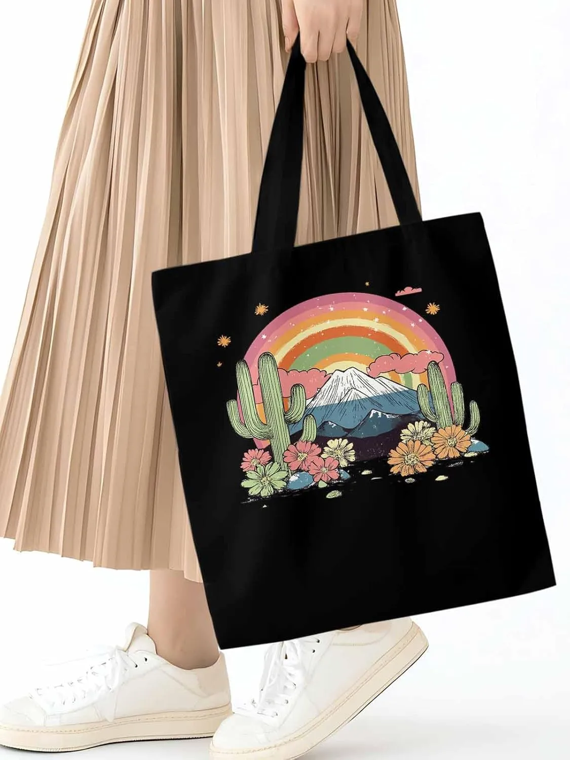 Canvas Tote Bag, Mountain Rainbow Western Cactus Floral patterned Canvas Tote Handbags for Women Shoulder Bag,