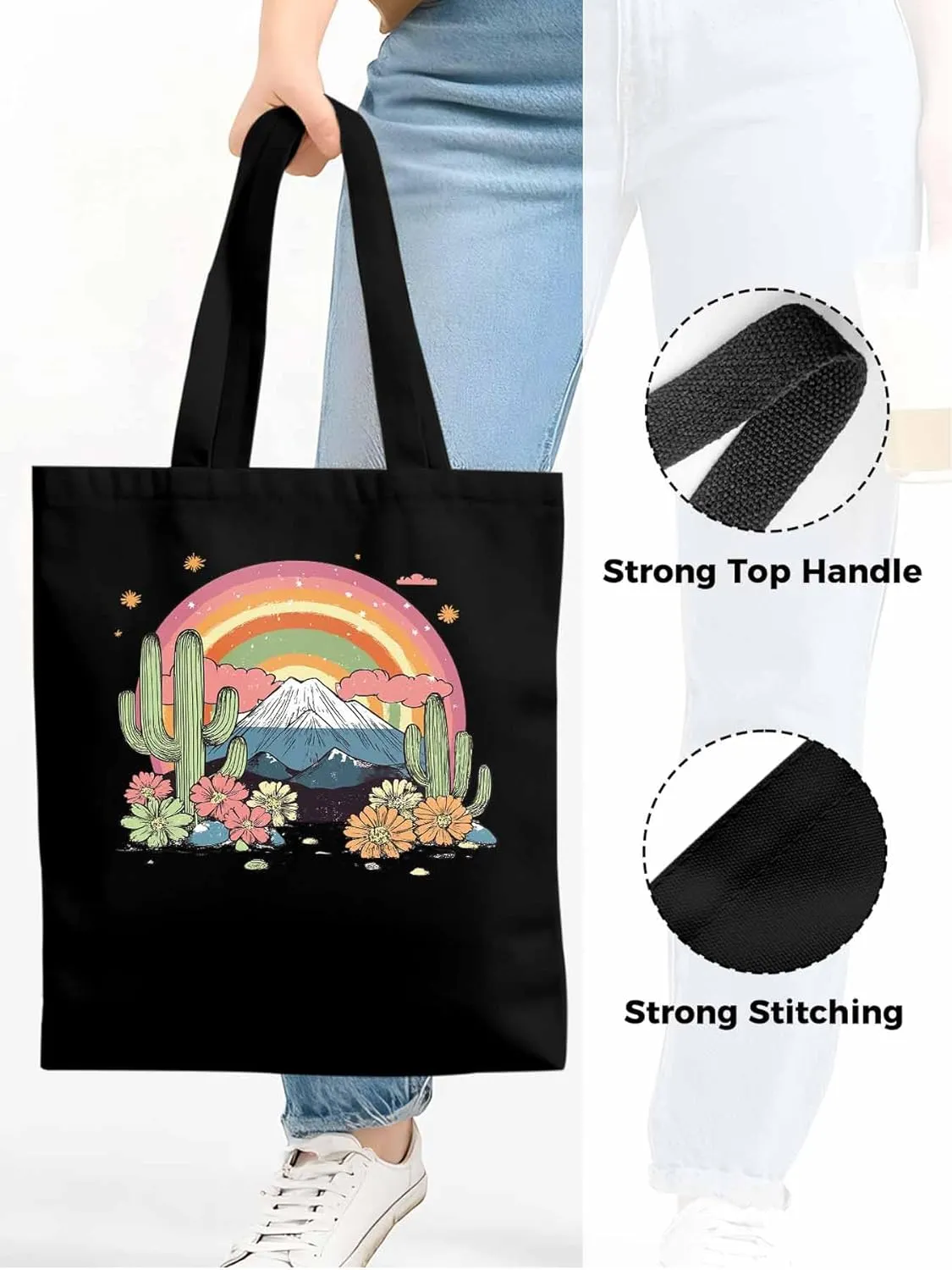 Canvas Tote Bag, Mountain Rainbow Western Cactus Floral patterned Canvas Tote Handbags for Women Shoulder Bag,