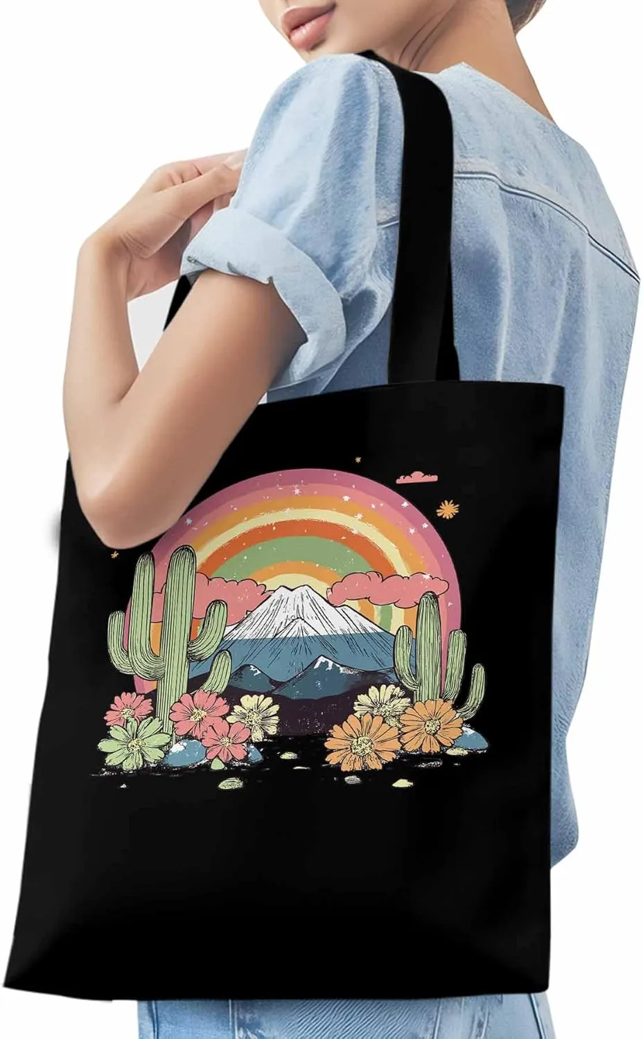 Canvas Tote Bag, Mountain Rainbow Western Cactus Floral patterned Canvas Tote Handbags for Women Shoulder Bag,